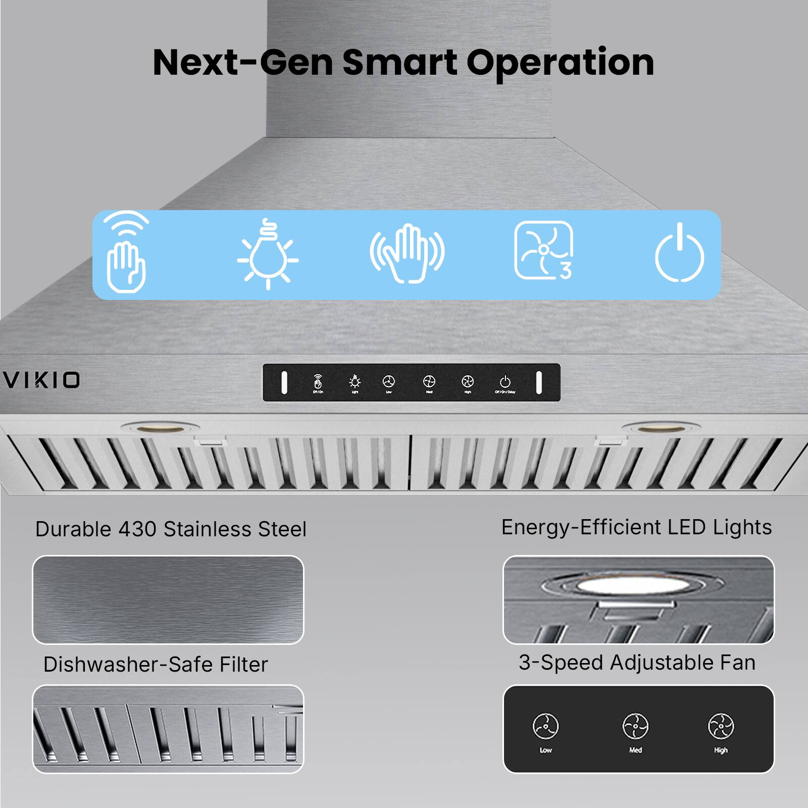 Next-Gen Smart Operation, VIKIO, Durable 430 Stainless Steel, Energy-Efficient LED Lights, Dishwasher-Safe Filter, 3-Speed Adjustable Fan, Low, Med, High