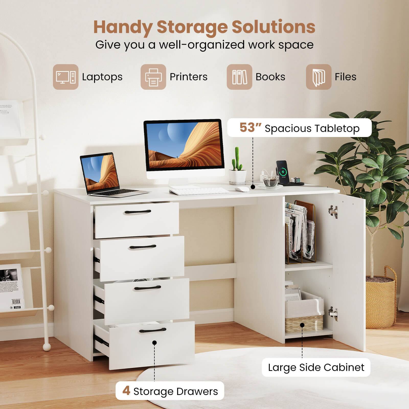 Handy Storage Solutions Give you a well-organized work space Laptops Printers Books Files 50 53" Spacious Tabletop & tl Large Side Cabinet 4 Storage Drawers