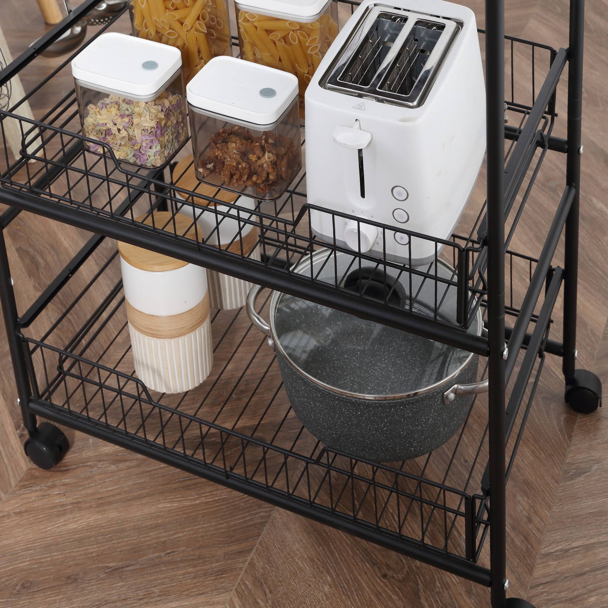 Alt View 7. Homcom - 3 Tier Kitchen Cart with Storage, Rolling Kitchen Island Cart with 2 Sliding Fruit Basket and Side Hooks for Dining Room - Rustic Brown.
