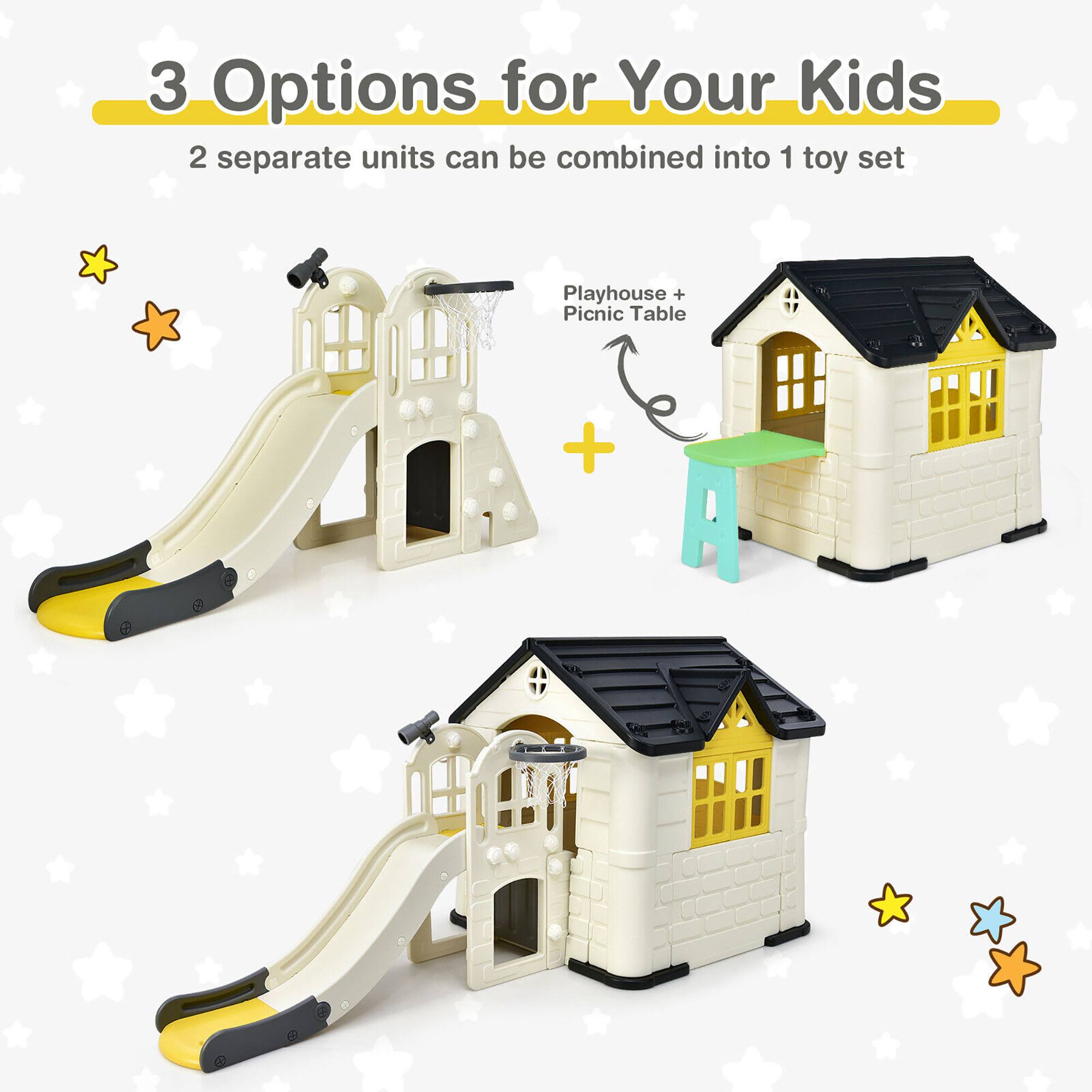 3 Options for Your Kids

2 separate units can be combined into 1 toy set

Playhouse + Picnic Table