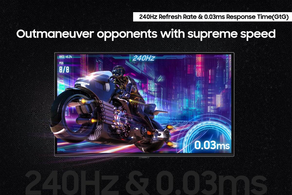 The text on the image is grouped and corrected as follows:

"Outmaneuver opponents with supreme speed. 240Hz Refresh Rate & 0.03ms Response Time (GtG)."