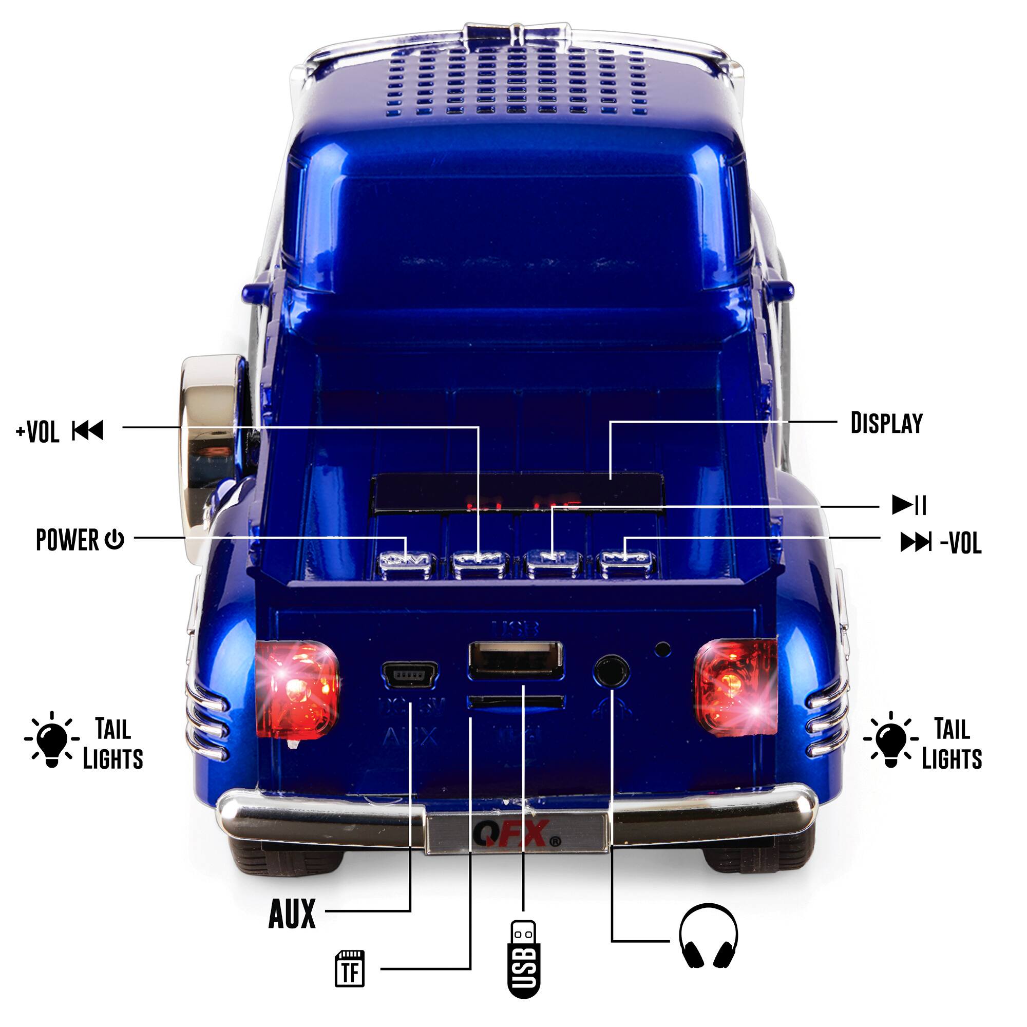 Left. QFX - Retro Classic Truck Portable Bluetooth Speaker with Bass Radiator and LED Lights - Blue.