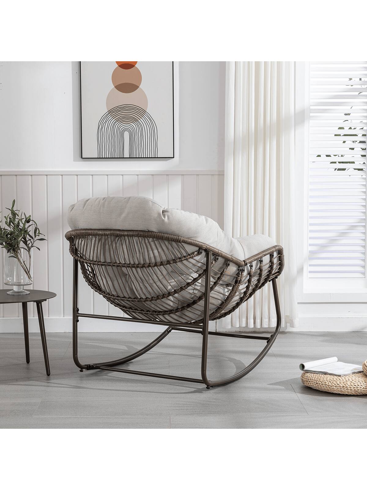 Left. Trinkets Crazed - Outdoor Patio Rocking Chair, Comfy Wicker Rocker Chair With Padded Cushion, Oversized Rattan Papasan Egg Chair - Beige.