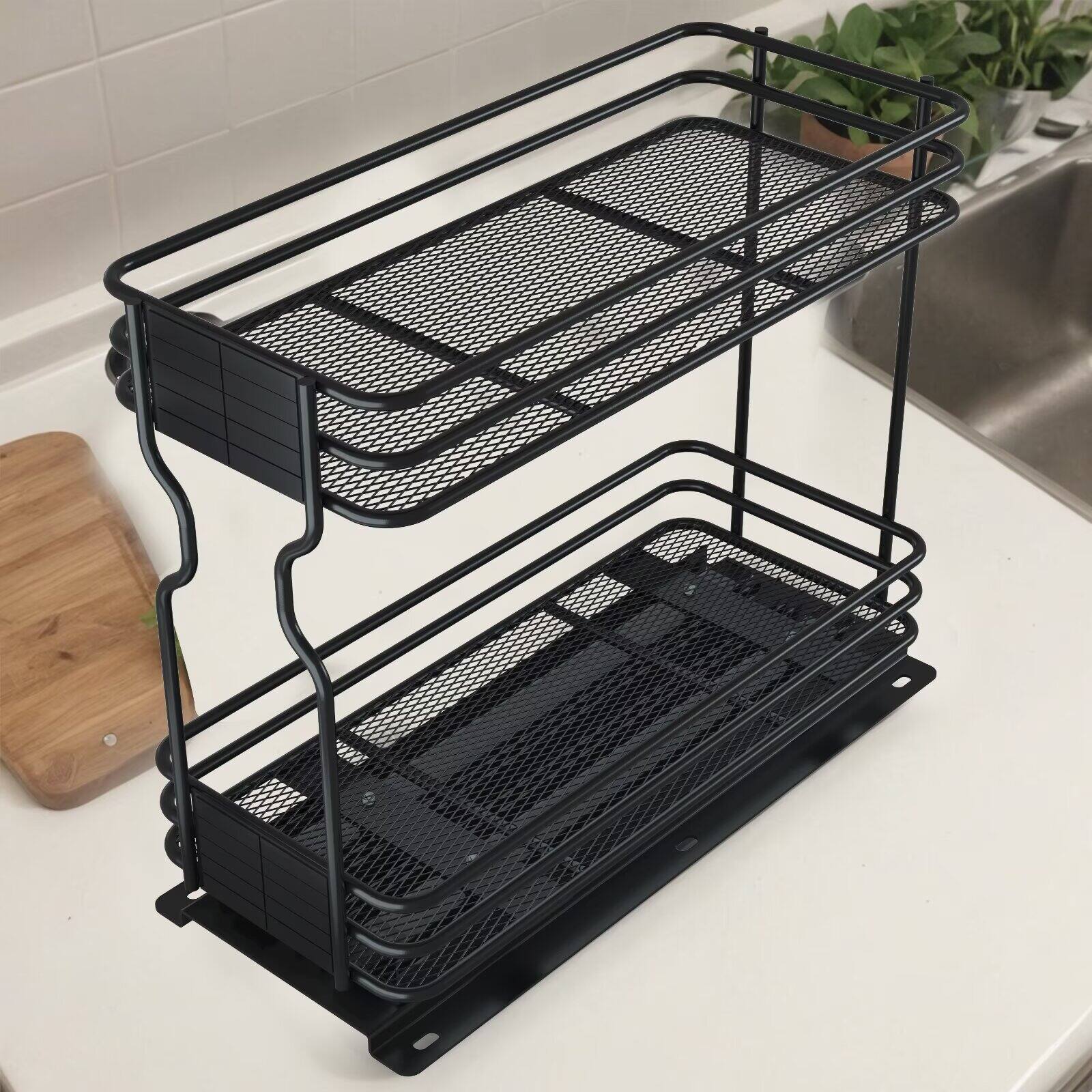 Front. Tooloton - Slide-Out Spice Rack Organizer for Cabinet, 2-Tier Heavy Duty Drawer with Labels, 10.75" D x 8.5" H x 4.5" W - Black.