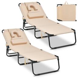 Costway - 2 PCS Beach Chaise Lounge Chair with Face Hole Pillows & Adjustable Backrest - Beige