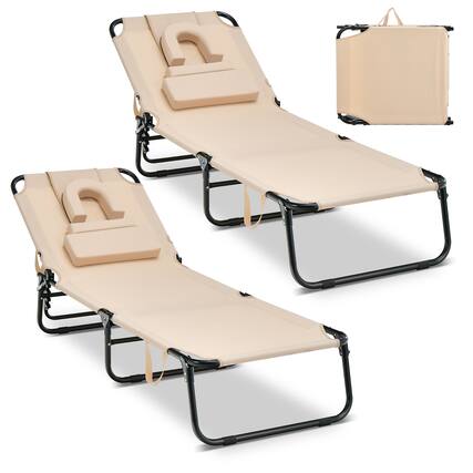 Front. Costway - Costway 2 PCS Beach Chaise Lounge Chair with Face Hole Pillows & Adjustable Backrest - Beige.