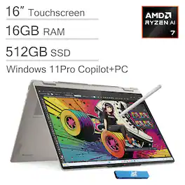 Lenovo - Yoga 7 2-in-1 Laptop - Copilot+ PC - 16" FHD+ LCD Touchscreen - AMD Ryzen AI 7 350 2025 - 16GB Memory - 512GB SSD - Yoga pen - Windows 11 Pro - Seashell