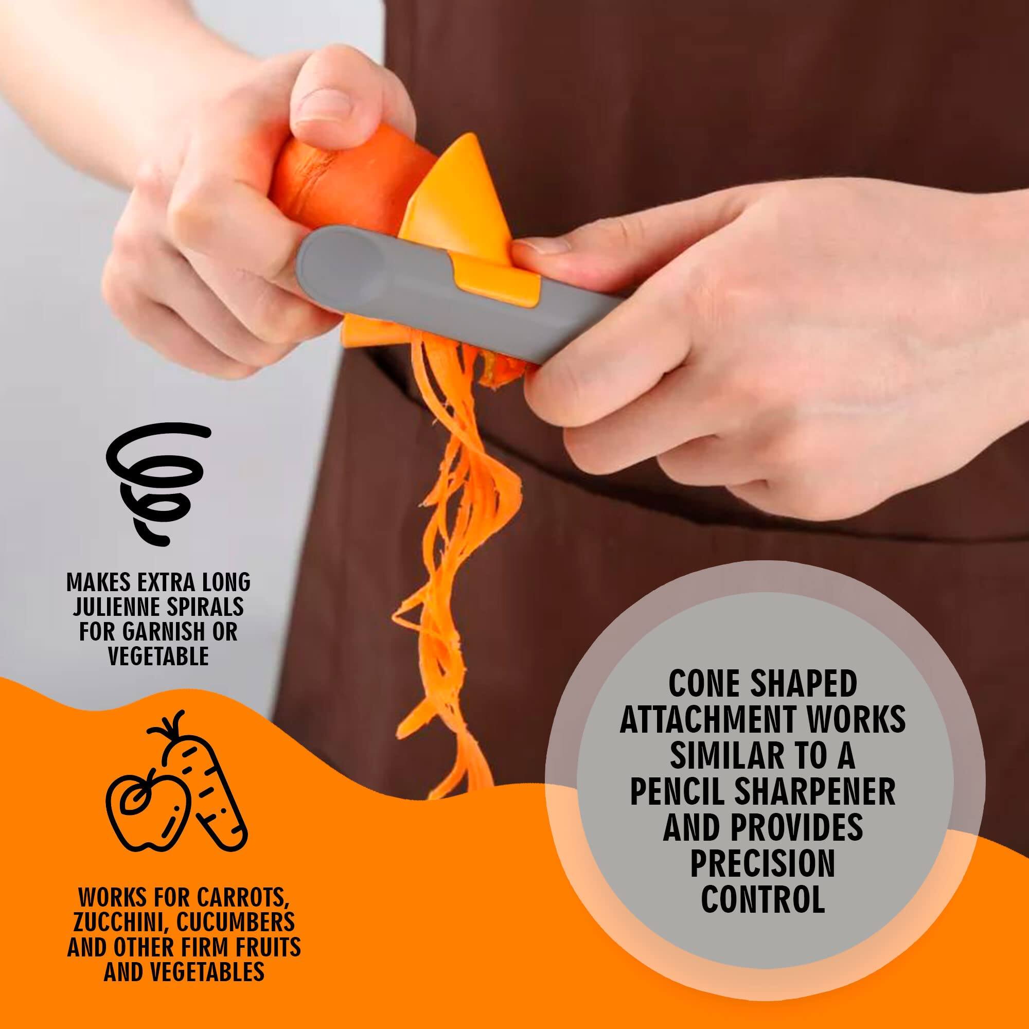 MAKES EXTRA LONG JULIENNE SPIRALS FOR GARNISH OR VEGETABLE  
WORKS FOR CARROTS, ZUCCHINI, CUCUMBERS AND OTHER FIRM FRUITS AND VEGETABLES  

CONE SHAPED ATTACHMENT WORKS SIMILAR TO A PENCIL SHARPENER AND PROVIDES PRECISION CONTROL