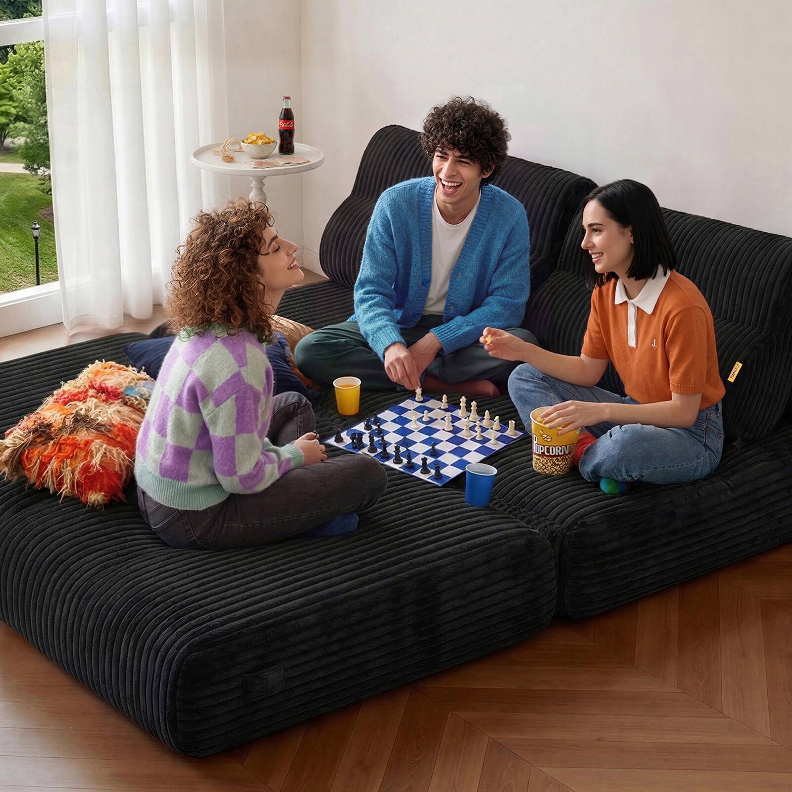 Left. Pinmoco - Pinmoco Folding Single Sofa Bed, Corduroy Convertible Sleeper Sofa with Pillow, Accent Chair for Living Room & Bedroom - Black.