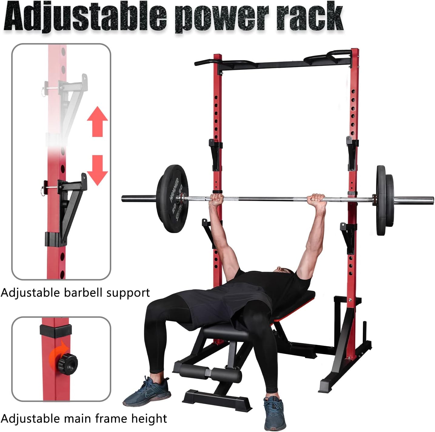 Adjustable power rack
Adjustable barbell support
Adjustable main frame height