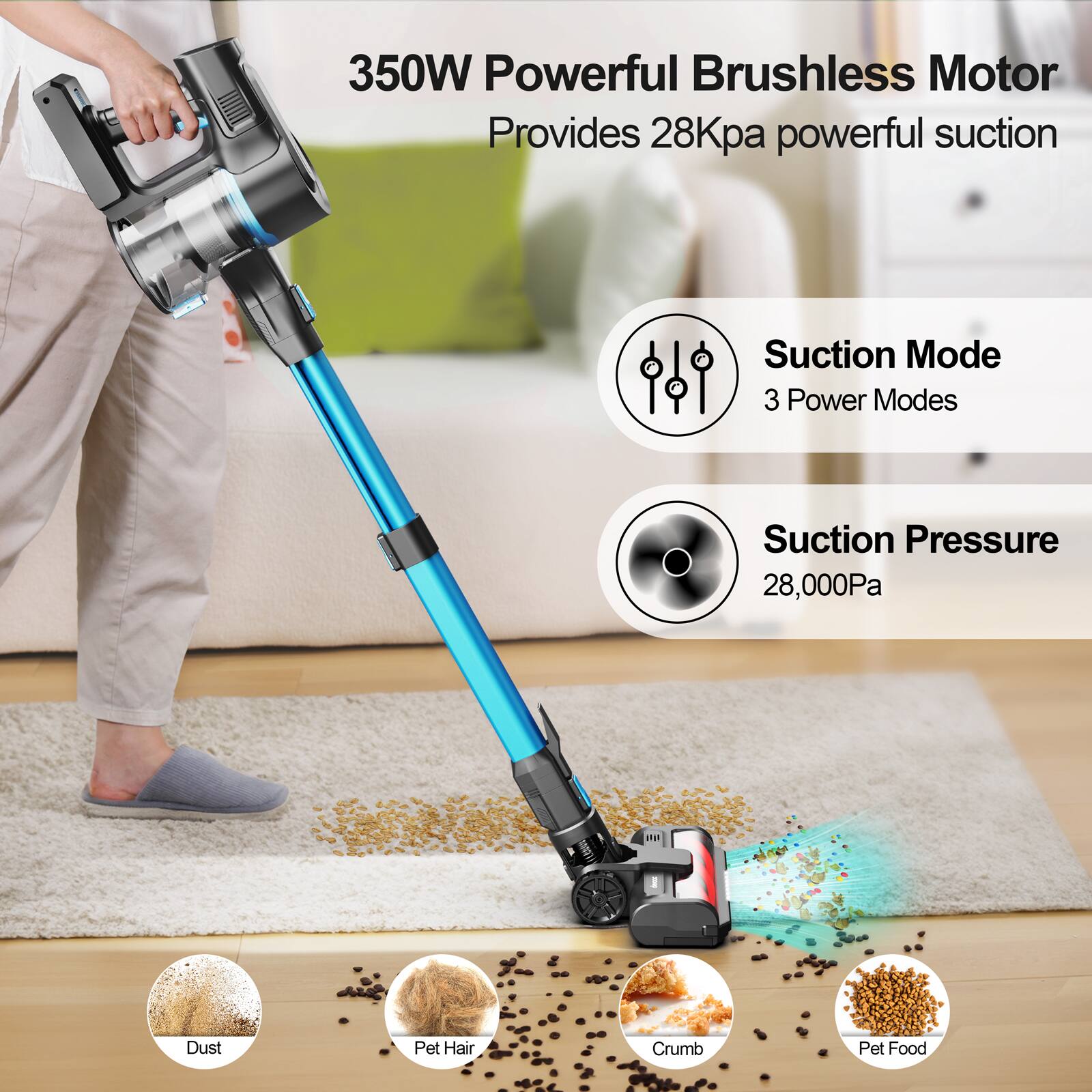 350W Powerful Brushless Motor Provides 28Kpa powerful suction  
Suction Mode: 3 Power Modes  
Suction Pressure: 28,000Pa  

Dust  
Pet Hair  
Crumb  
Pet Food