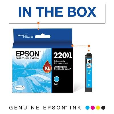 IN THE BOX

DESIGNED FOR EXCELLENCE

EPSON
EXCEED YOUR VISION

220XL
High-capacity
2.5x more prints
Grande capacité
2.5x plus de tirages

XL

Cyan

GENUINE EPSON INK