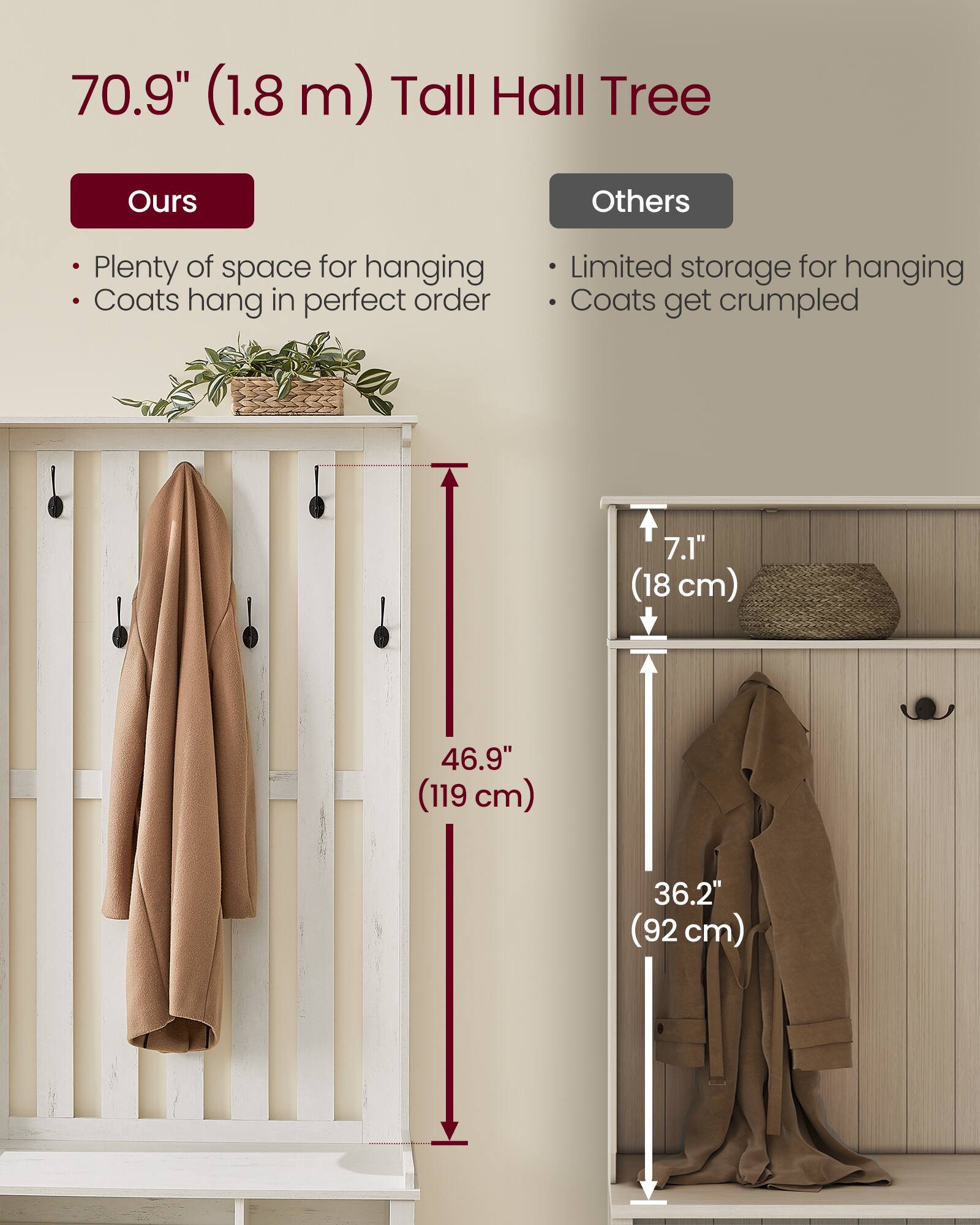 70.9" (1.8 m) Tall Hall Tree

**Ours**
- Plenty of space for hanging
- Coats hang in perfect order

**Others**
- Limited storage for hanging
- Coats get crumpled

7.1" (18 cm)

46.9" (119 cm)

36.2" (92 cm)