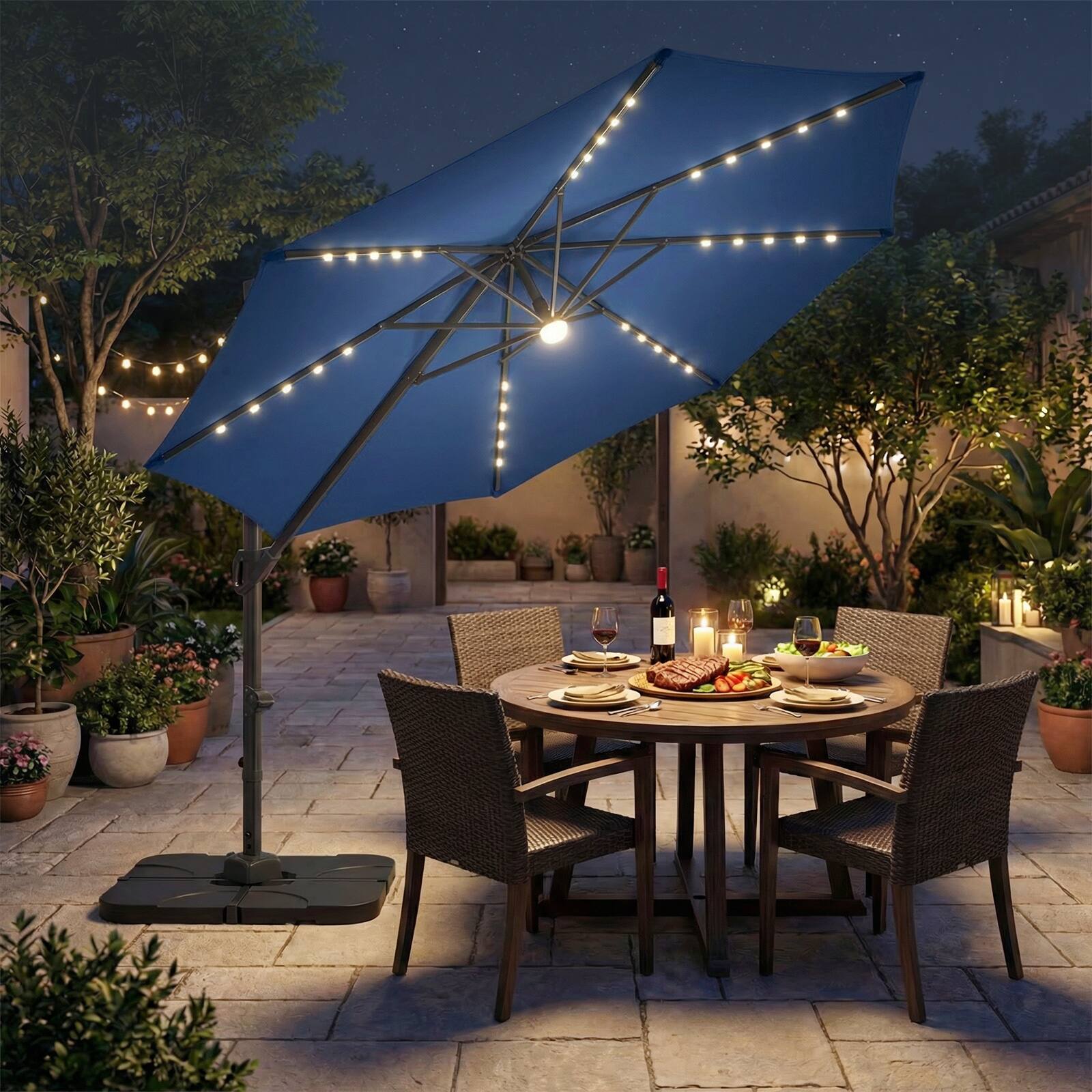 Alt View 3. Costway - Costway 10 FT Cantilever Patio Umbrella with 35 Solar LED Lights 220 LBS Base 360° Rotation - Navy + Black.