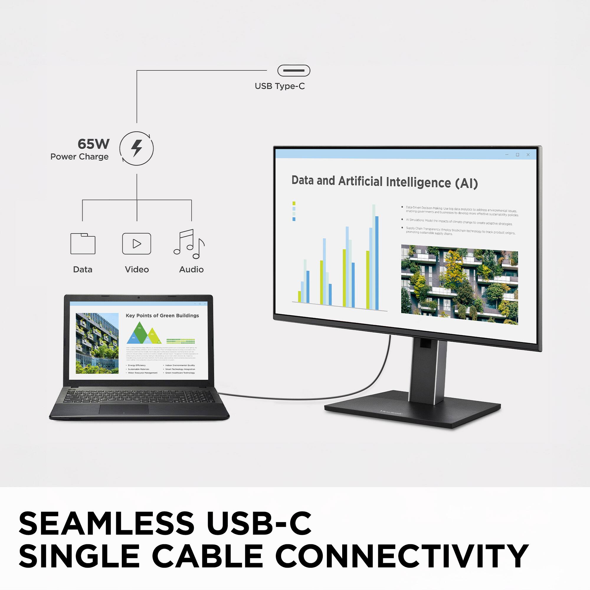 USB Type-C

65W Power Charge

Data Video Audio

Data and Artificial Intelligence (AI)

Key Points of Green Buildings

SEAMLESS USB-C SINGLE CABLE CONNECTIVITY