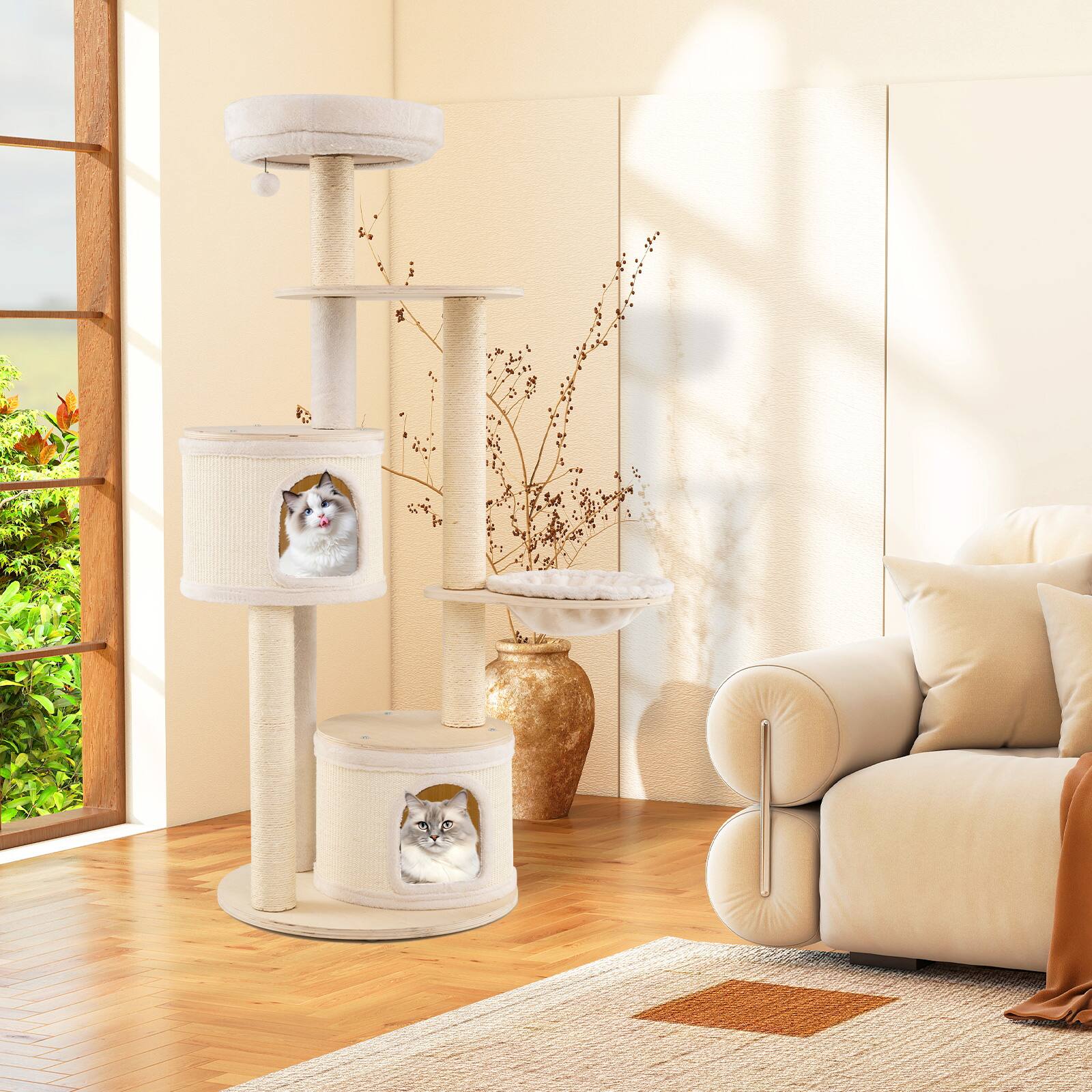 Alt View 1. Gymax - Gymax 60'' Tall Cat Tree Wooden Kitten Tower w/ Sisal Scratching Posts & Mat 2 Condos Perch Hammock.