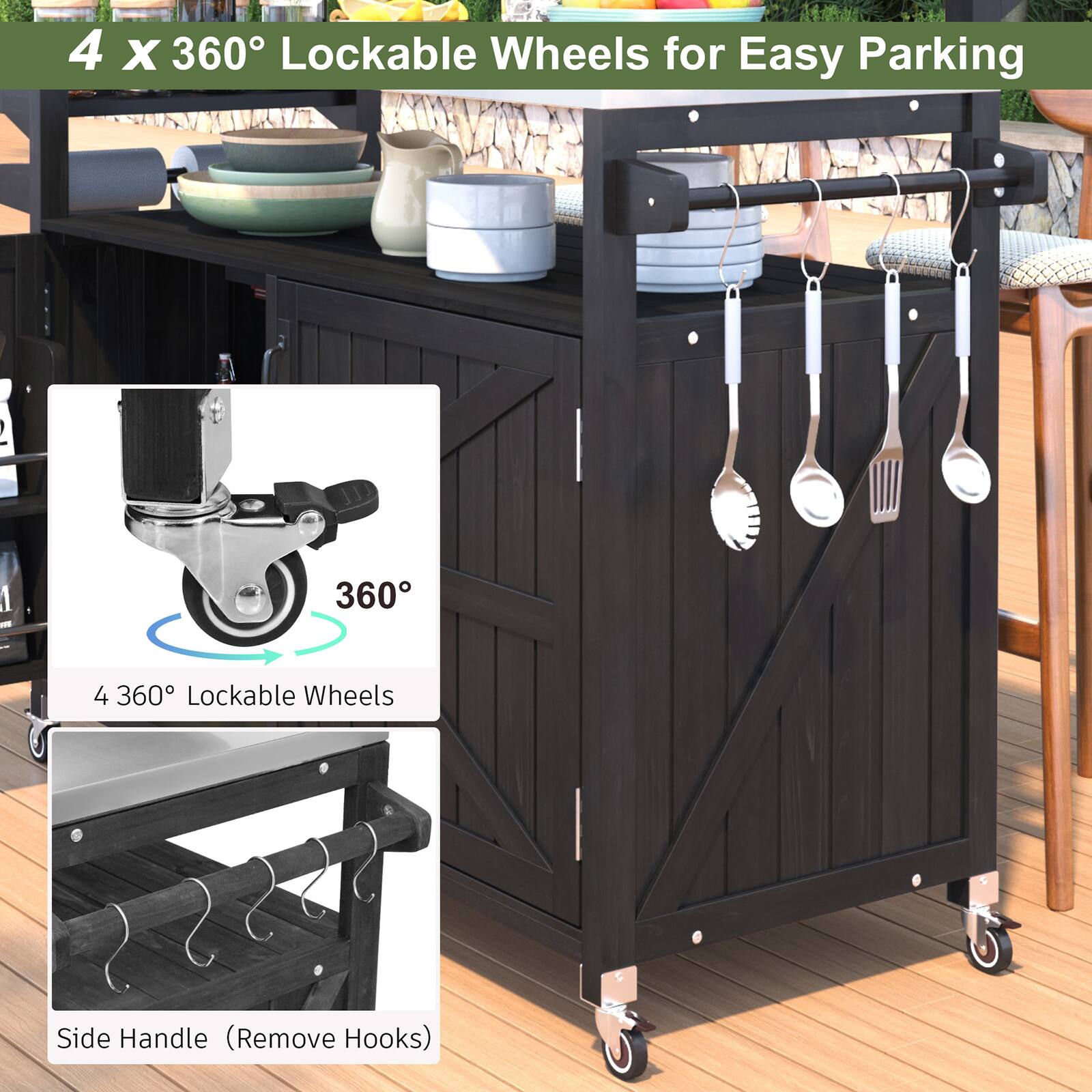 4 x 360° Lockable Wheels for Easy Parking

4 360° Lockable Wheels

Side Handle (Remove Hooks)