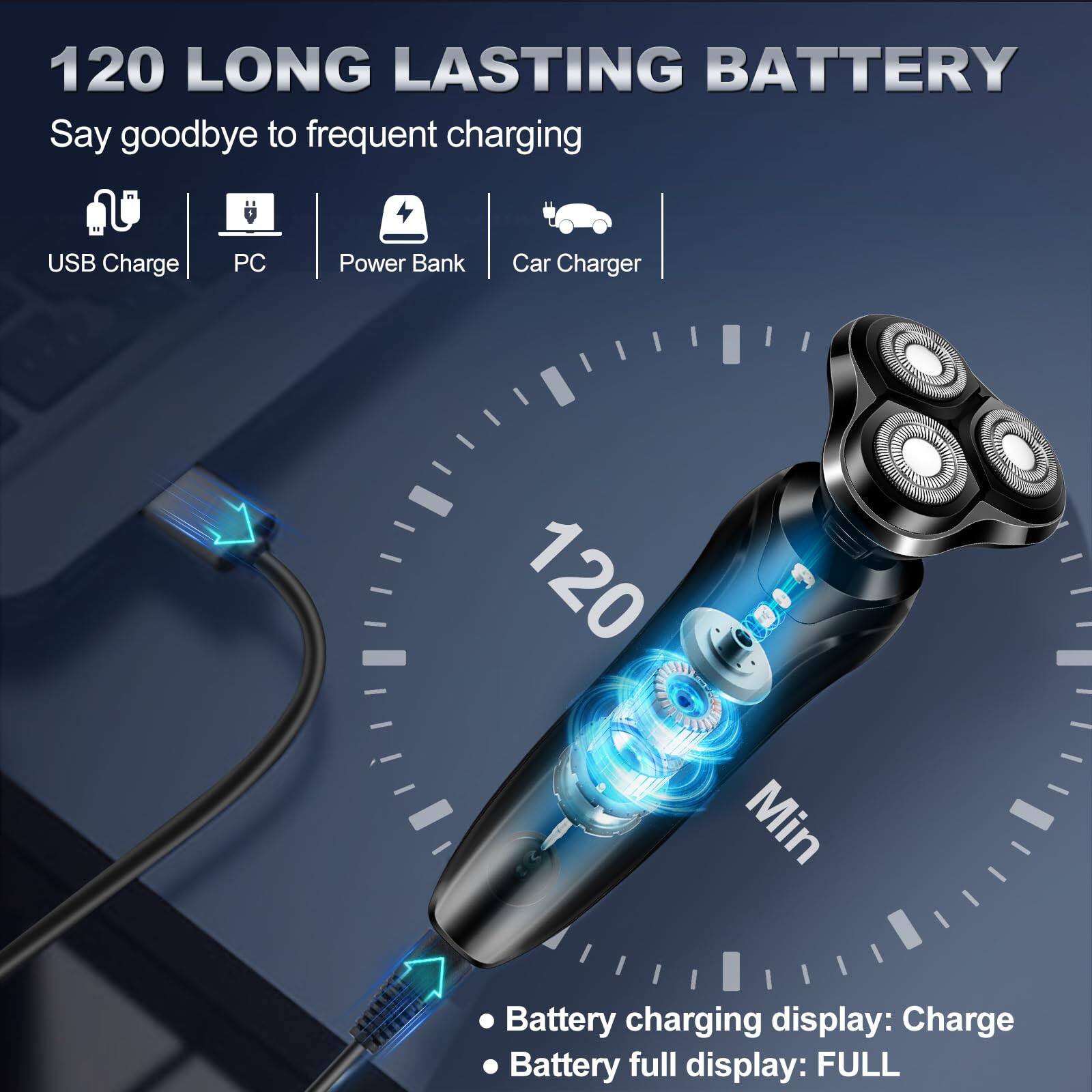 120 LONG LASTING BATTERY  
Say goodbye to frequent charging  
USB Charge | PC | Power Bank | Car Charger  

Battery charging display: Charge  
Battery full display: FULL