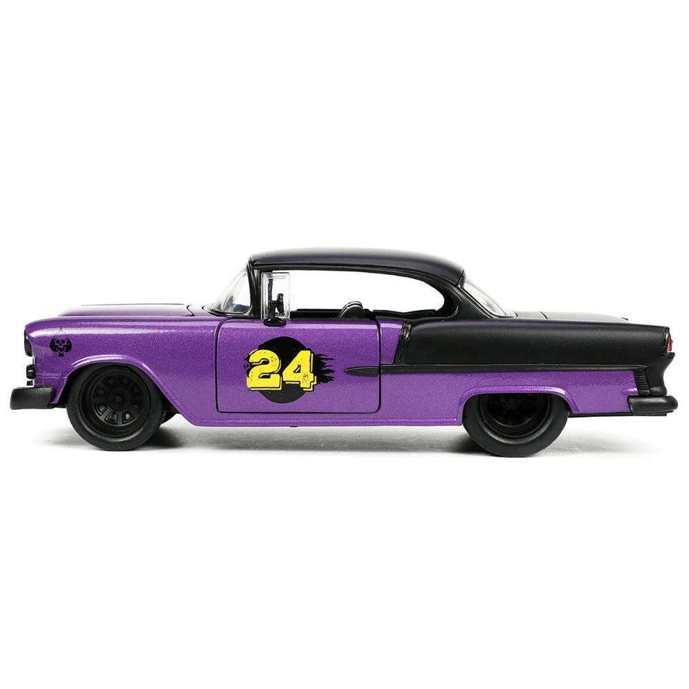 Left. Jada - 1955 Chevrolet Bel Air #24 Purple Metallic and Matt Black "Bigtime Muscle" Series 1/24 - Purple Metallic and Matt Black.