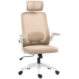 Homcom - Office Chair, High Back Desk Chair with Flip-up Armrest, Rotatable Headrest, Tilt Function, Adjustable Lumbar - Khaki