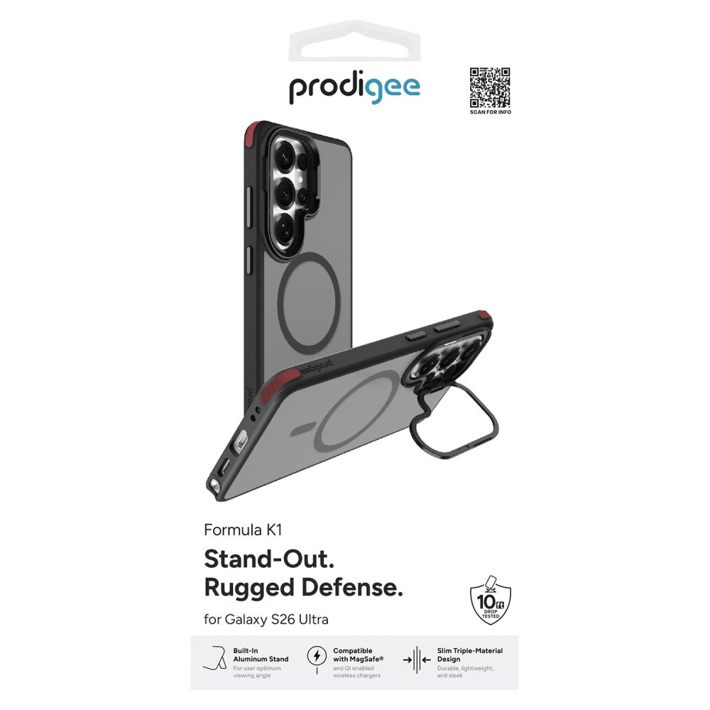 prodigee

SCAN FOR INFO

prodigee

Formula K1 Stand-Out. Rugged Defense. for Galaxy S26 Ultra

10 DROP TESTED

Built-In Aluminum Stand For optimal viewing angle

Compatible with MagSafe and Qi enabled wireless chargers

Slim Triple-Material Design Durable, lightweight, and sleek