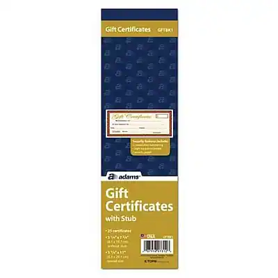 Gift Certificates
GFTBK1
Gift Certificates with Stub
25 Certificates
3" x 5"
$10.00
adams
Gift Certificates
GFTBK1
Gift Certificates with Stub
25 Certificates
3" x 5"
$10.00
adams