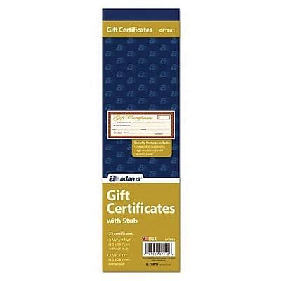 Gift Certificates  
GFTBK1  

Gift Certificates with Stub  
25 Certificates  
3" x 5"  
$10.00  
adams  

Gift Certificates  
GFTBK1  

Gift Certificates with Stub  
25 Certificates  
3" x 5"  
$10.00  
adams