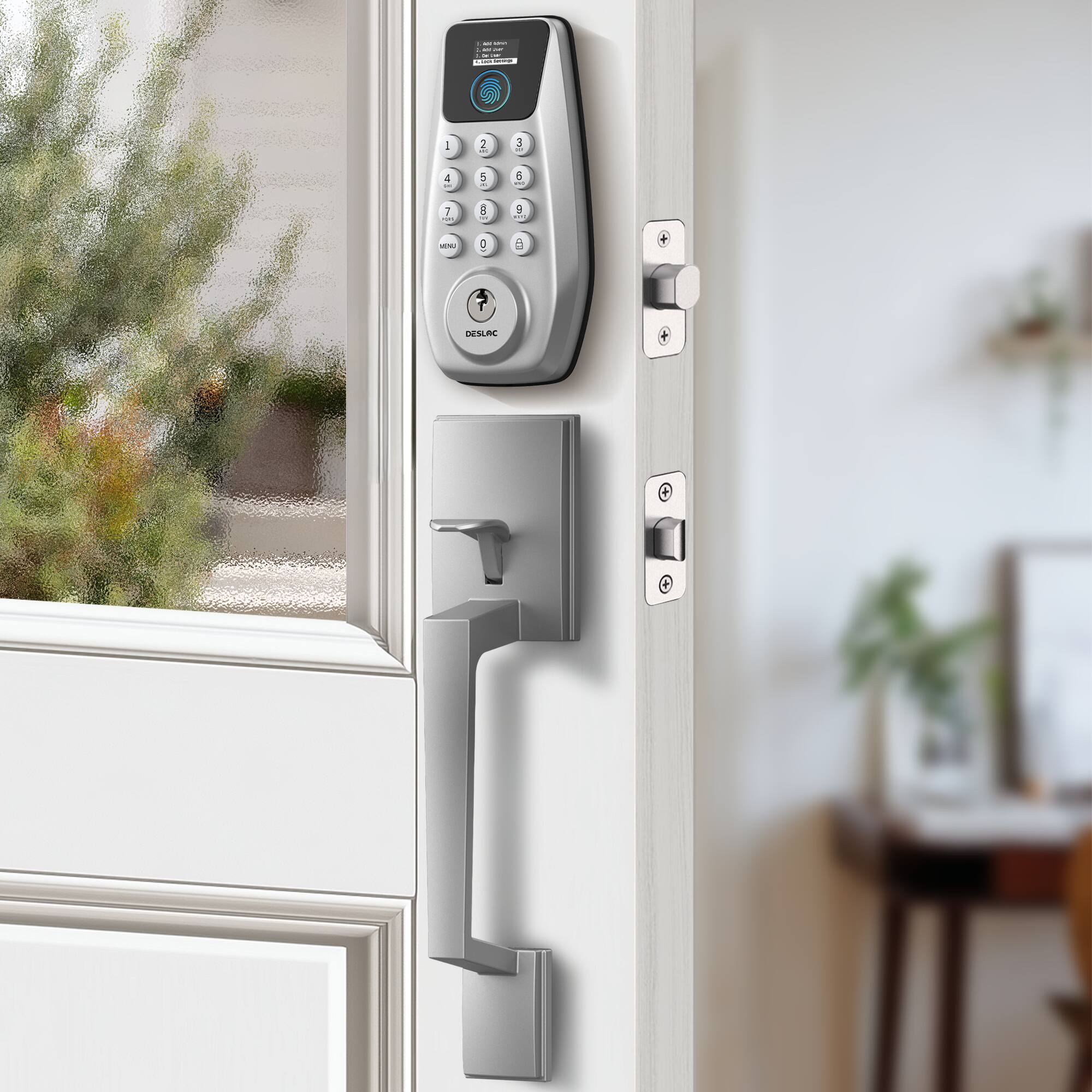 Angle. DESLOC - C100 Smart Door Lock with Visible Display and Fingerprint, Smart Keypad Deadbolt with Handle for Front Door - Silver.