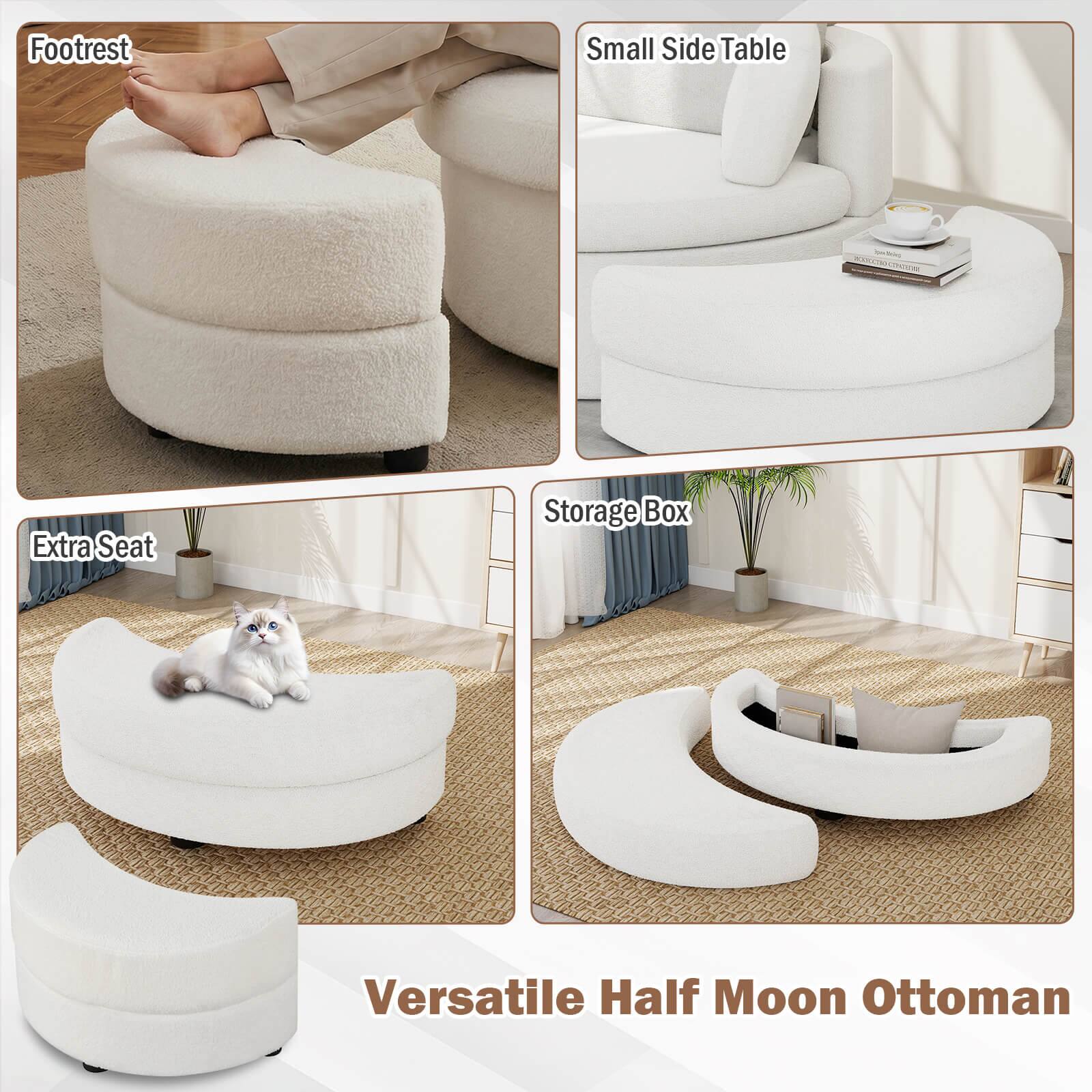 Footrest  
Small Side Table  
Extra Seat  
Storage Box  
Versatile Half Moon Ottoman
