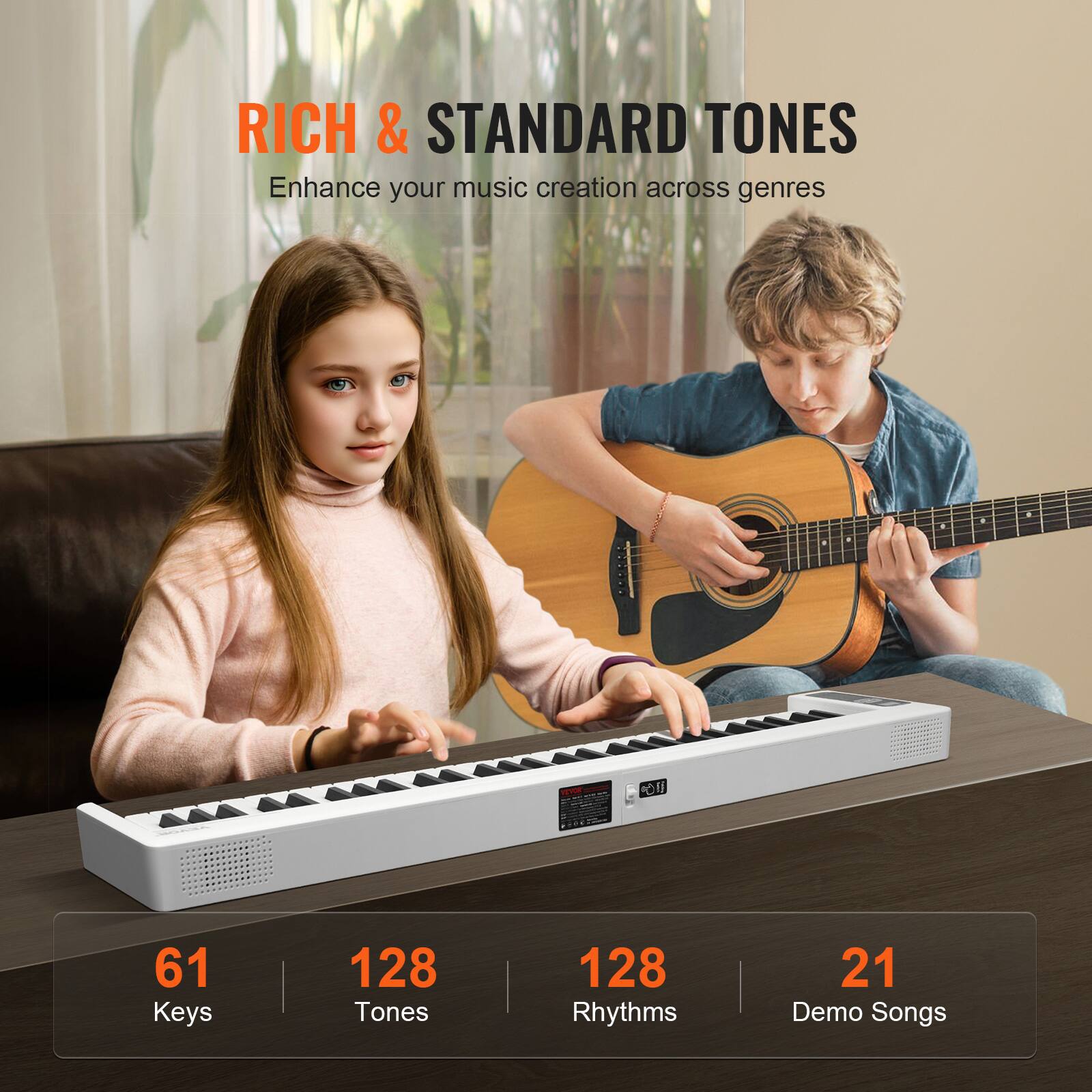 RICH & STANDARD TONES  
Enhance your music creation across genres  

61 Keys  
128 Tones  
128 Rhythms  
21 Demo Songs