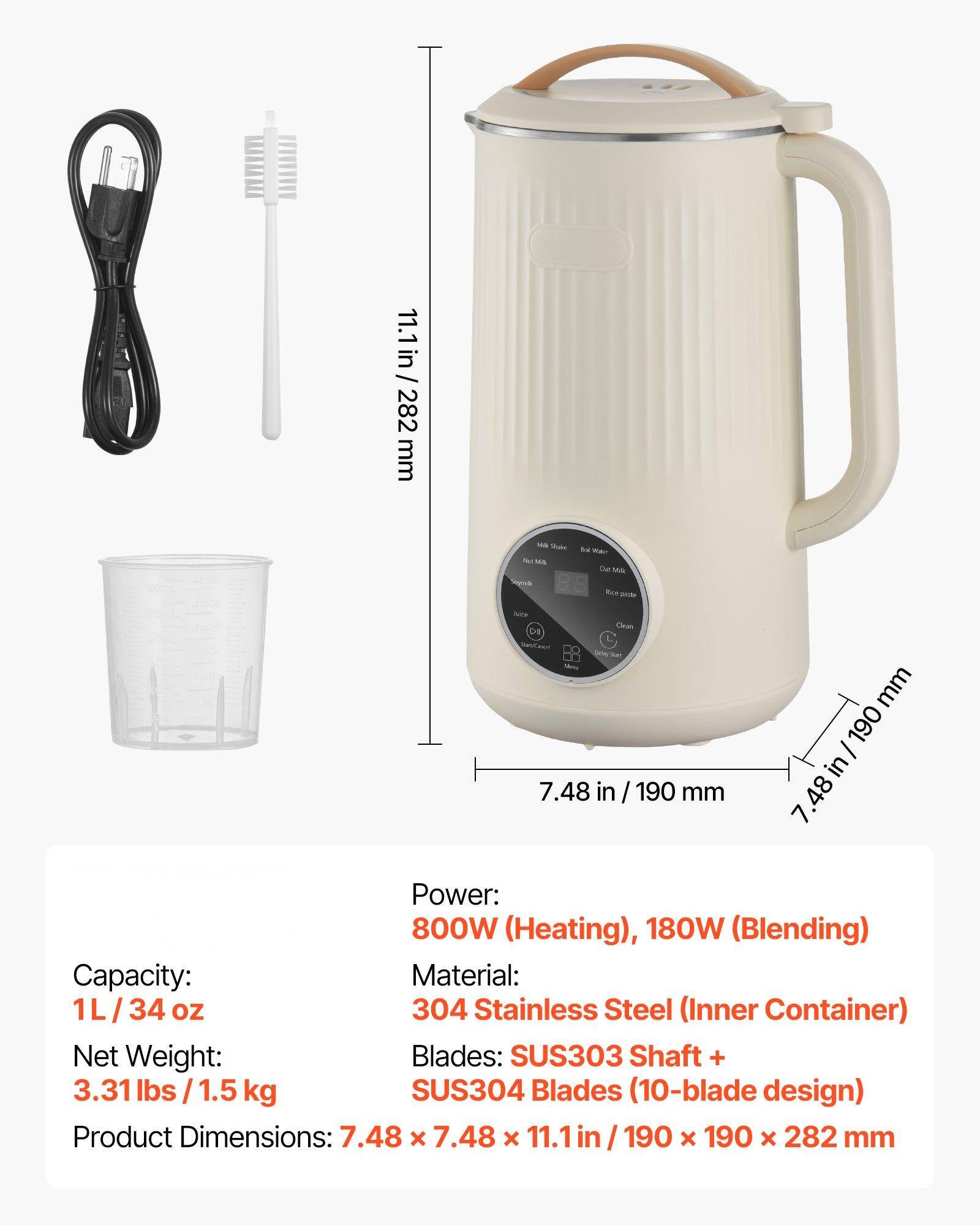 Power:  
800W (Heating), 180W (Blending)  

Capacity:  
1L / 34 oz  

Material:  
304 Stainless Steel (Inner Container)  

Net Weight:  
3.31 lbs / 1.5 kg  

Blades:  
SUS303 Shaft + SUS304 Blades (10-blade design)  

Product Dimensions:  
7.48 in x 7.48 in x 11.1 in / 190 mm x 190 mm x 282 mm
