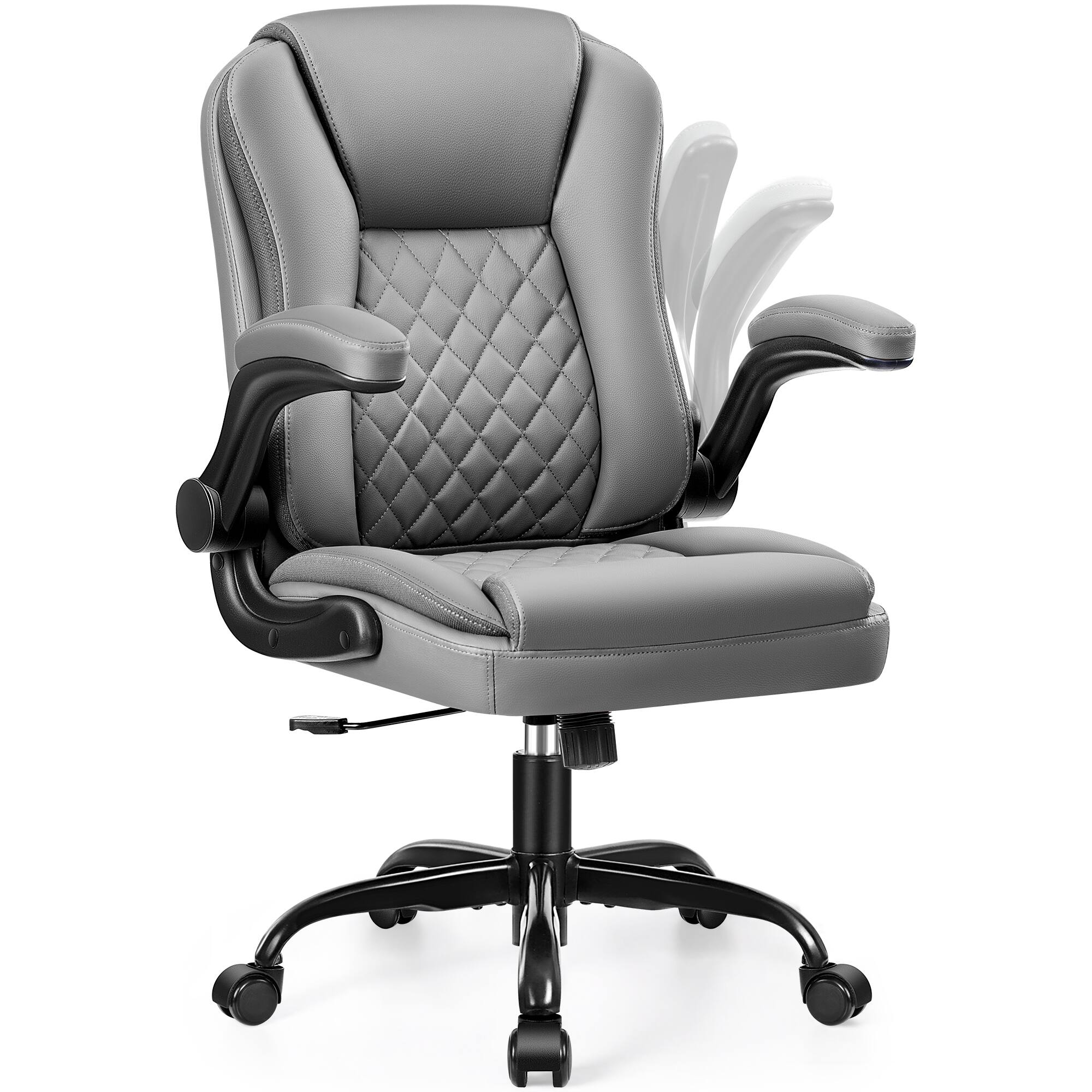 KERDOM - Ergonomic PU Small Leather Chair Office Desk Chair with Wheels, Tilt Mid Back Computer Chair Swivel Task Work Chair - Gray