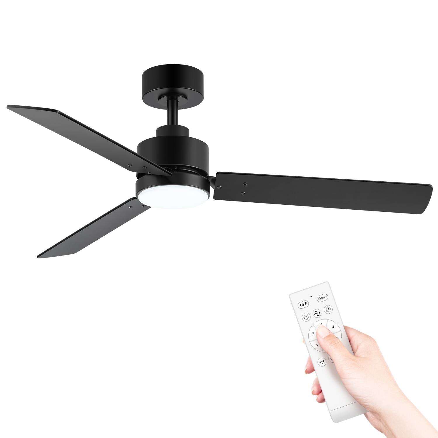 Angle. Breezary - 48-Inch Indoor Ceiling Fan with 3 Plywood Blades, DC Motor, 6-Speed Remote, 5'' Downrod,  Light/No Light, 1 or 2-Pack - Black (With Light).