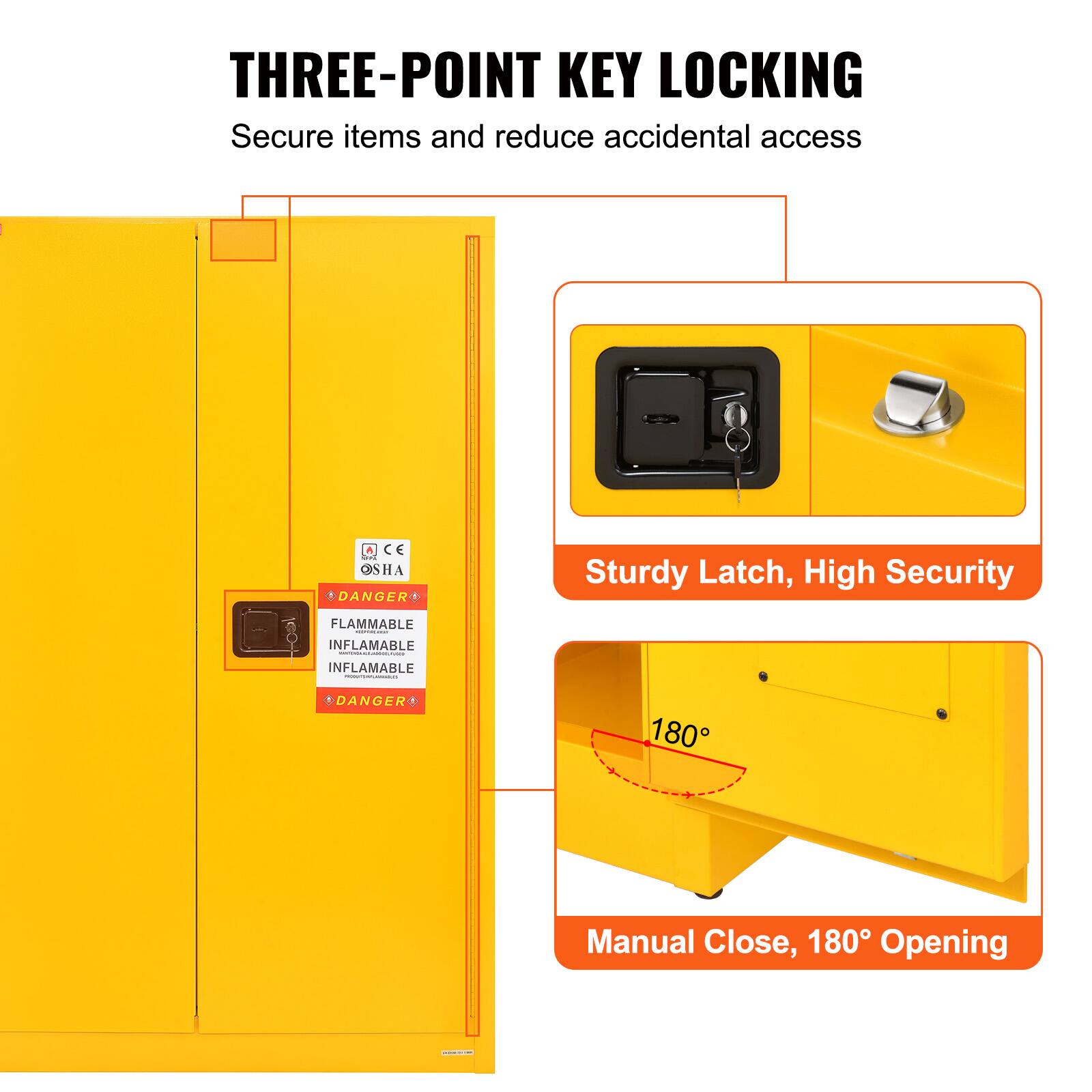 THREE-POINT KEY LOCKING  
Secure items and reduce accidental access  

Sturdy Latch, High Security  

Manual Close, 180° Opening  

CE OSHA  
DANGER  
FLAMMABLE  
INFLAMABLE  
DANGER