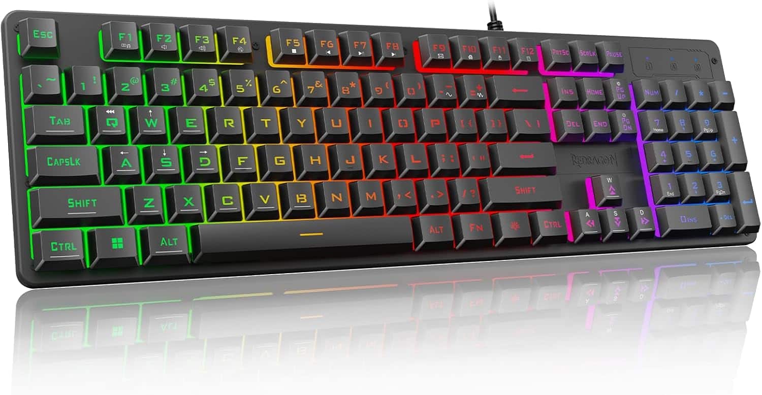 REDRAGON - K521 Upgrade Rainbow LED Gaming Keyboard, 104-Key Wired Mechanical Feeling, Multimedia, One-Touch Backlit, Anti-Ghosting - Black