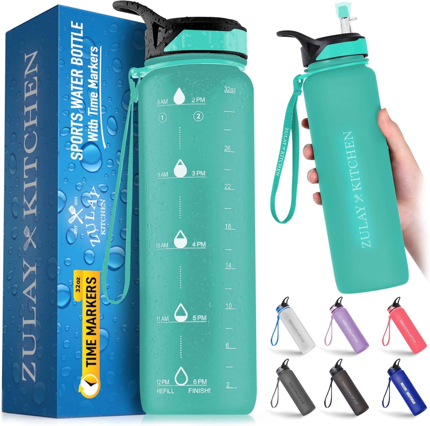 Zulay Kitchen - 32oz Water Bottle With Time Marker - Leak Proof Water Bottles With Times To Drink By Hydration Nation - Mint Green