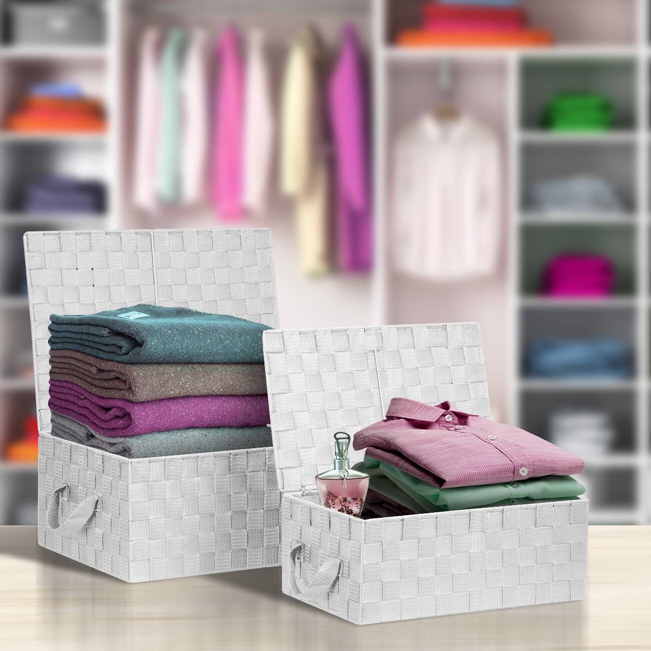 Angle. Sorbus - Sorbus Set of 3 Storage Baskets for Organizing with Lid, Mesh, Linen, Organizer Storage Baskets for Shelves - White.