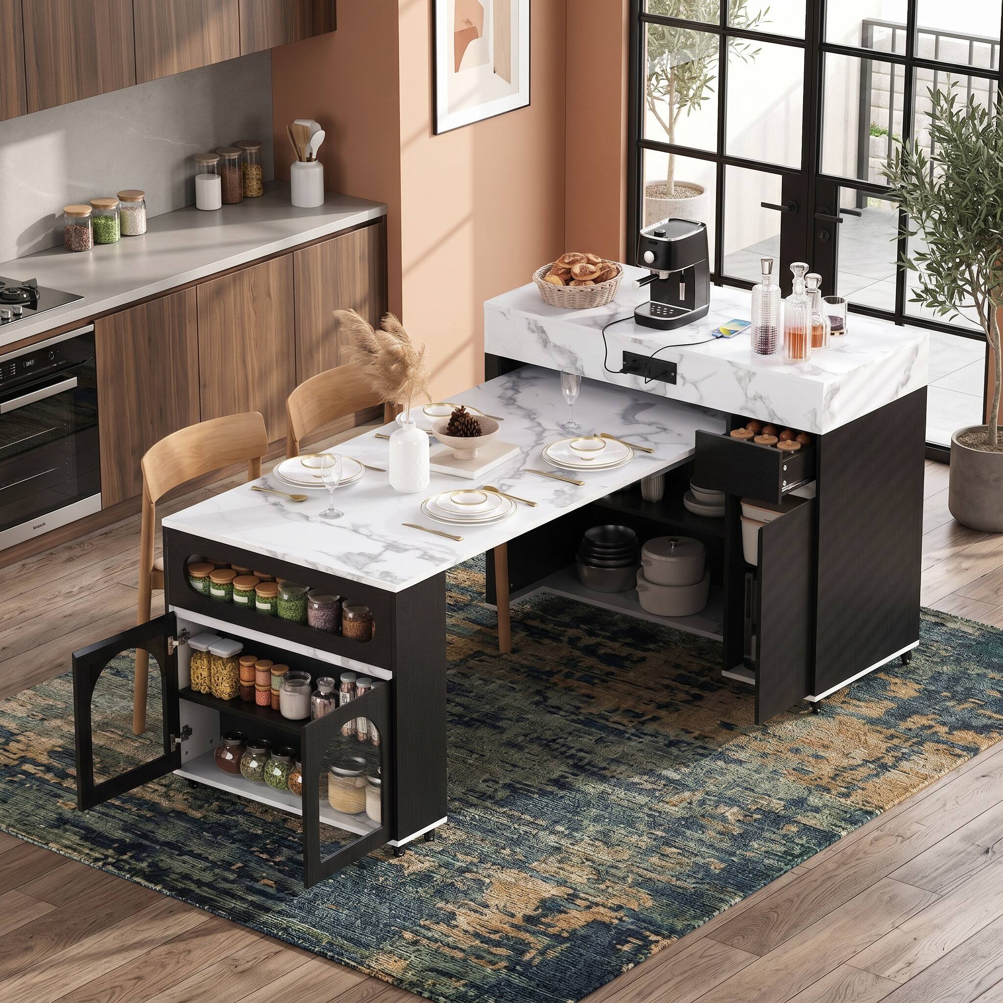 Alt View 9. Forest'nSky - Black Sideboard Buffet Cabinet Extendable Dining Table with Extra-Long Folding Top,Drawers, Power Outlet and Brake lock - Black.
