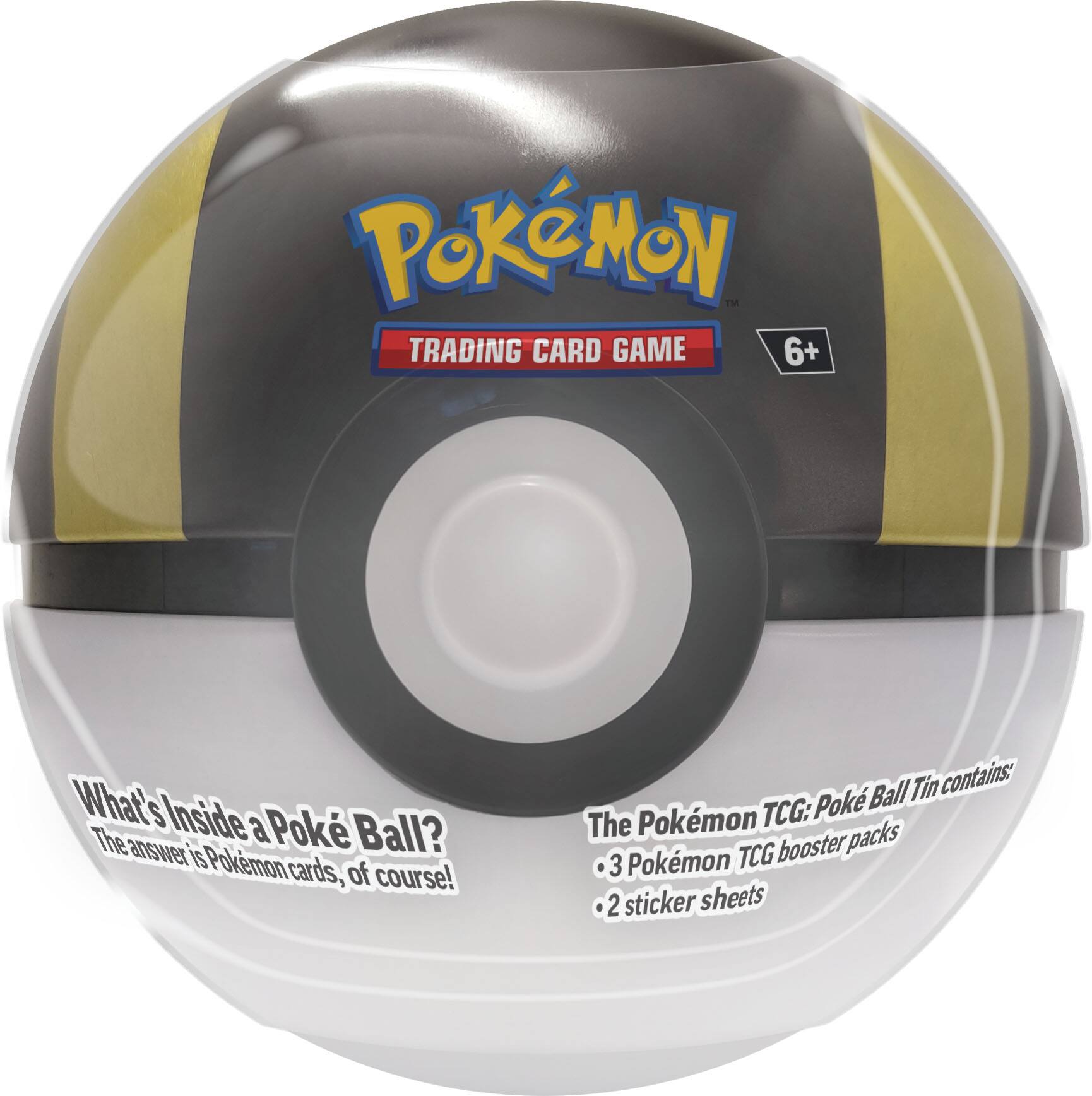 Pokémon  
TRADING CARD GAME  
6+  

What's Inside a Poké Ball?  
The answer is Pokémon cards, of course!  

The Pokémon TCG: Poké Ball Tin contains:  
• 3 Pokémon TCG booster packs  
• 2 sticker sheets