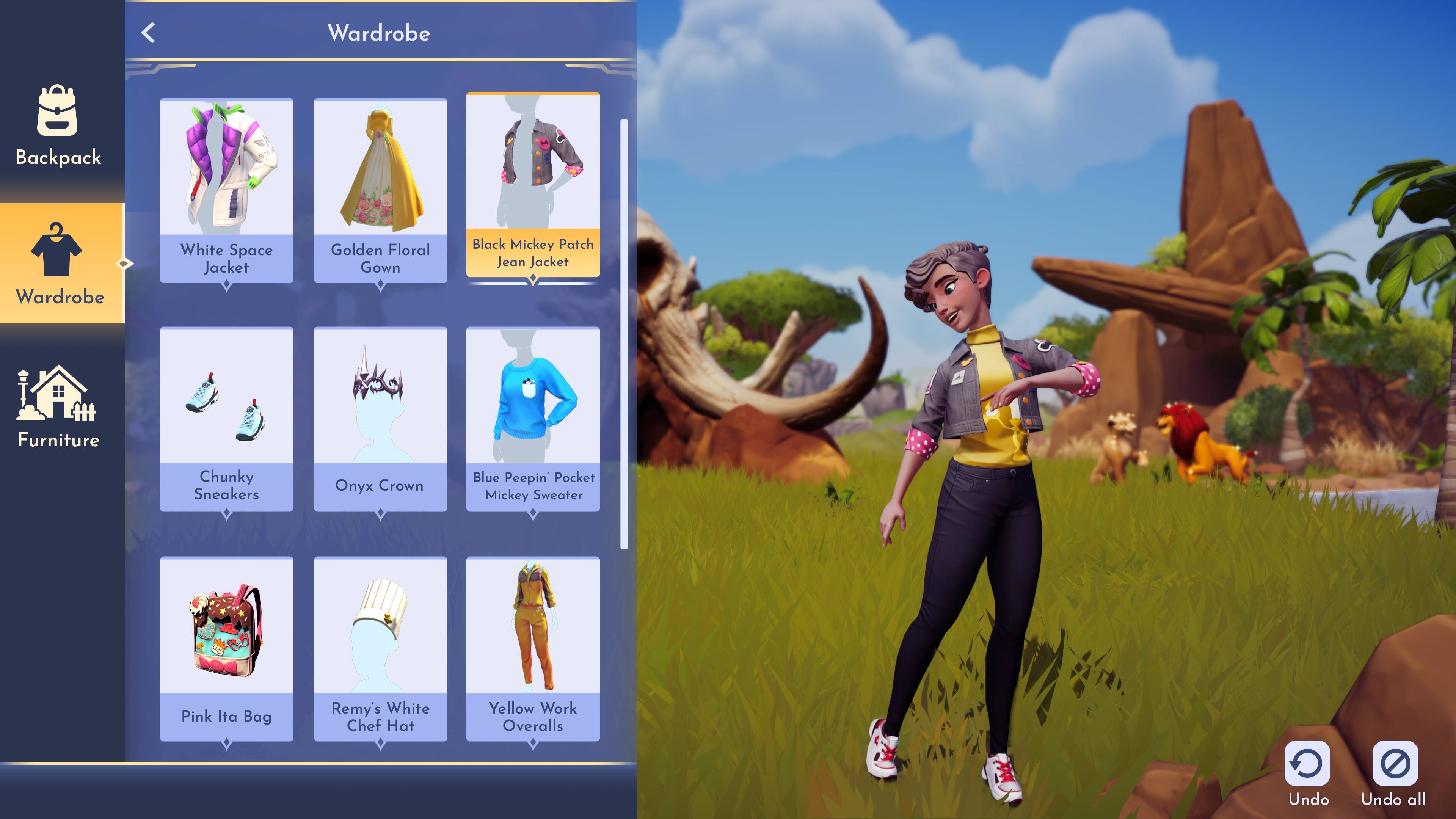 Wardrobe
Backpack
Wardrobe
White Space Jacket
Golden Floral Gown
Black Mickey Patch Jean Jacket
Furniture
Chunky Sneakers
Onyx Crown
Blue Peepin' Pocket Mickey Sweater
Pink Ita Bag
Remy's White Chef Hat
Yellow Work Overalls
Undo
Undo all