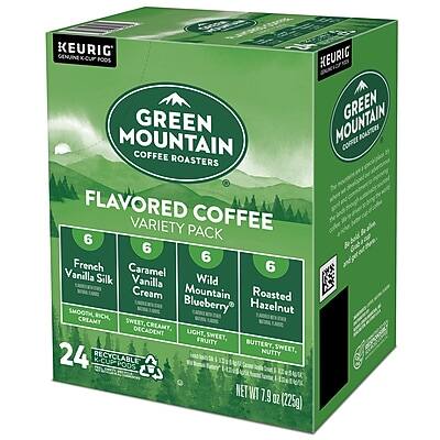 KEURIG GENUINE K-CUP PODS  
GREEN MOUNTAIN COFFEE ROASTERS  
FLAVORED COFFEE VARIETY PACK  

6 French Vanilla Silk  
SMOOTH, SWEET, CREAMY  

6 Caramel Vanilla  
DECADENT, SWEET, CREAMY  

6 Wild Cream Mountain Roasted  
LIGHT, SWEET, BUTTERY  

6 Blueberry Hazelnut  
NUTTY, SWEET  

24 RECYCLABLE K-CUP PODS  
NET WT 7.9 OZ (225g)