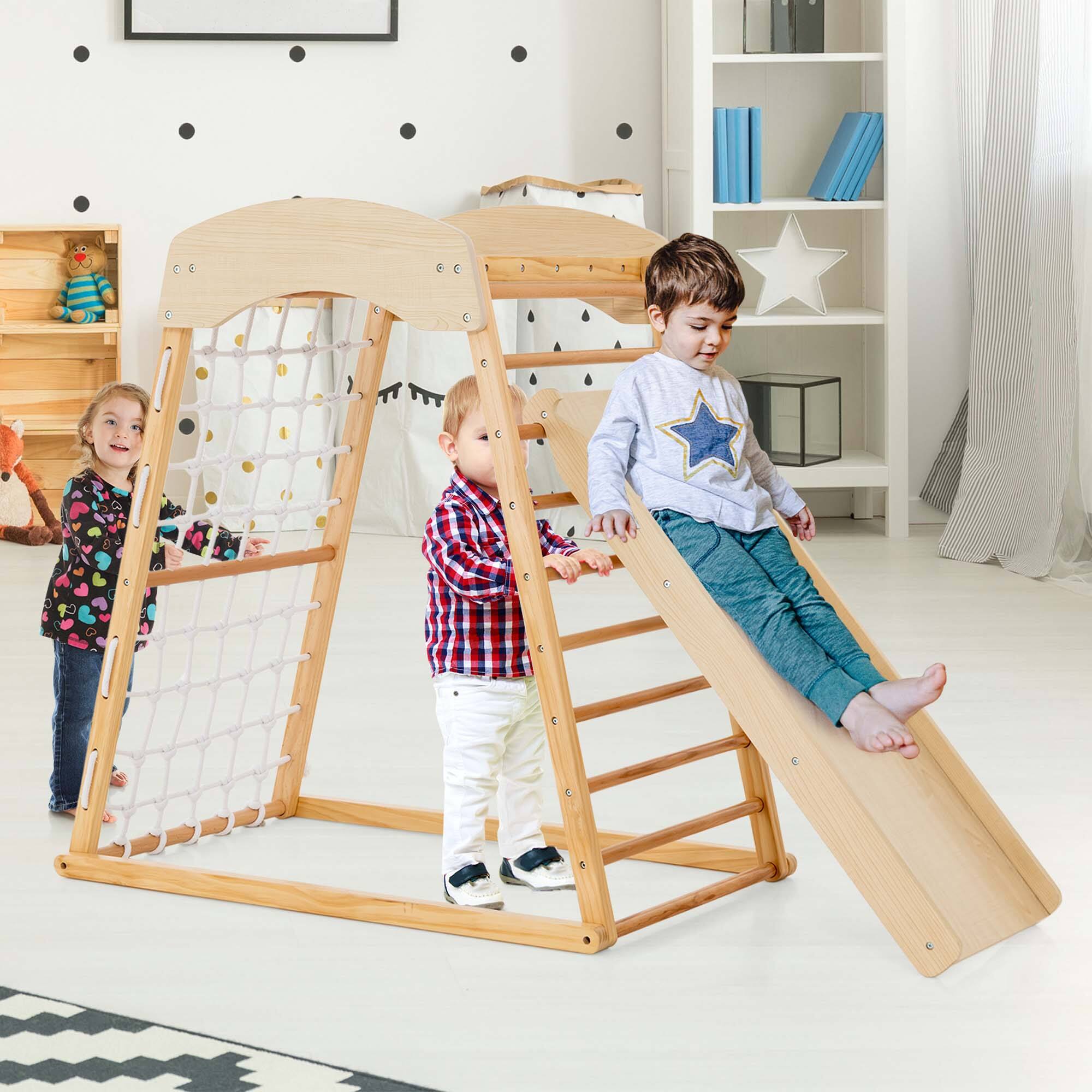 Alt View 3. Costway - Costway 6-in-1 Wood Jungle Gym Montessori Climbing Play Set with Double-sided Ramp - Natural.