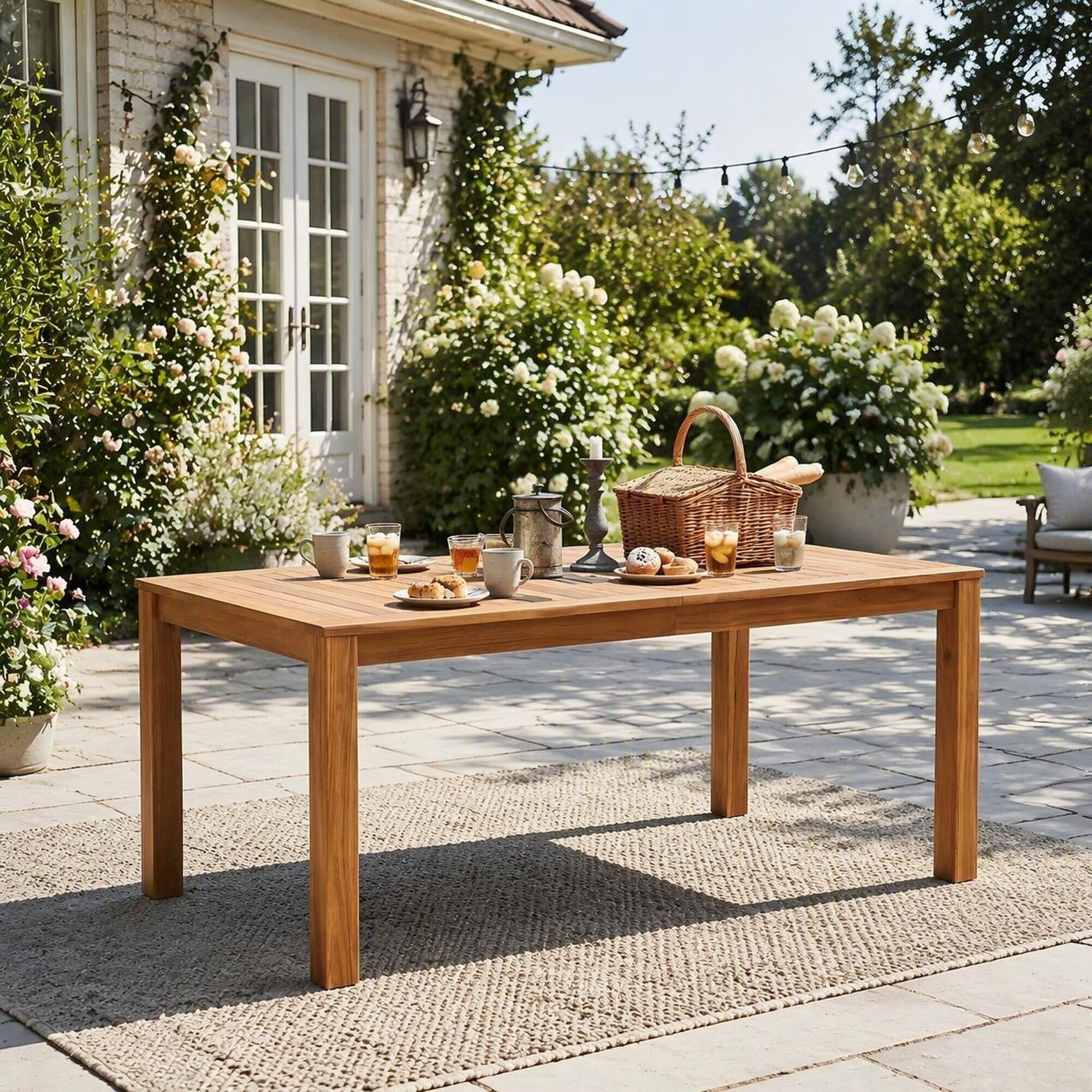 Angle. RYHNUYNE - 67" Outdoor Wooden Rectangular Patio Dining Table, Natural Wood Dining Table for Backyard Poolside Garden - Natural.