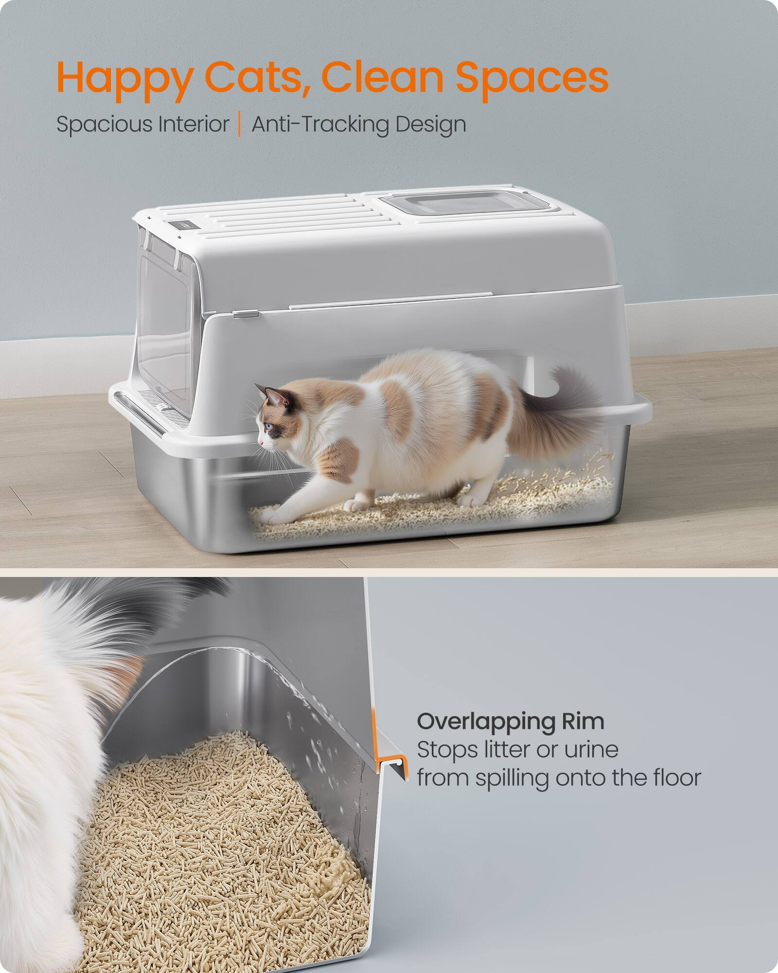 Happy Cats, Clean Spaces  
Spacious Interior | Anti-Tracking Design  

Overlapping Rim  
Stops litter or urine from spilling onto the floor