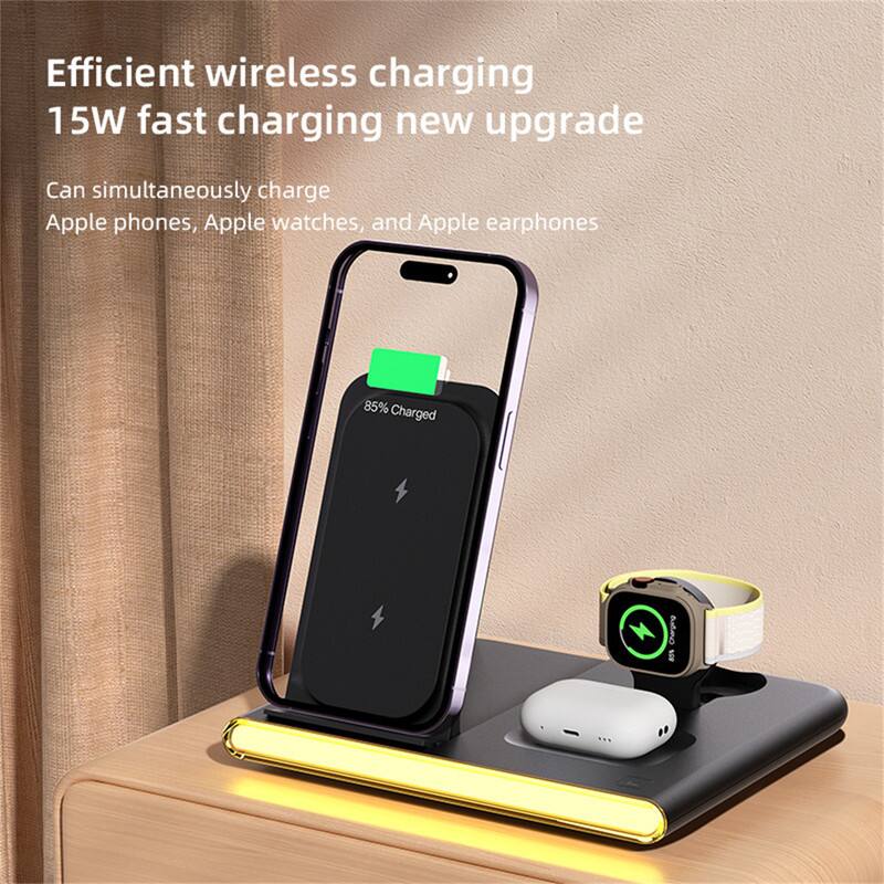 Efficient wireless charging  
15W fast charging new upgrade  

Can simultaneously charge Apple phones, Apple watches, and Apple earphones  

85% Charged