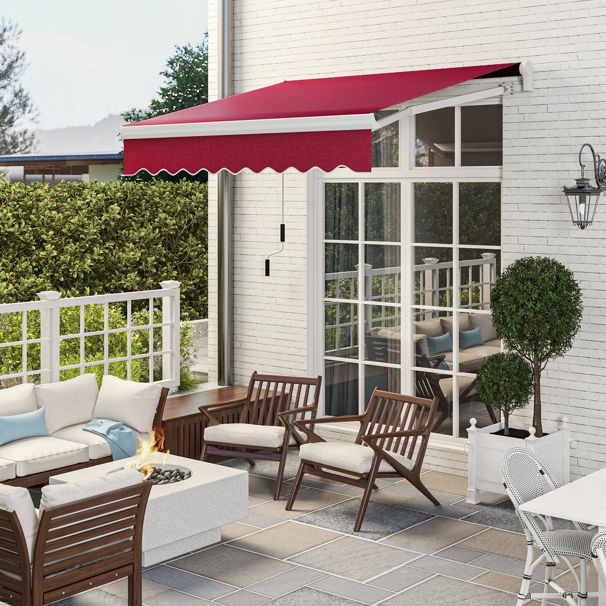 Angle. Outsunny - 8' x 7' Patio Retractable Awning, Manual Exterior Sun Shade Deck Window Cover - Wine Red.