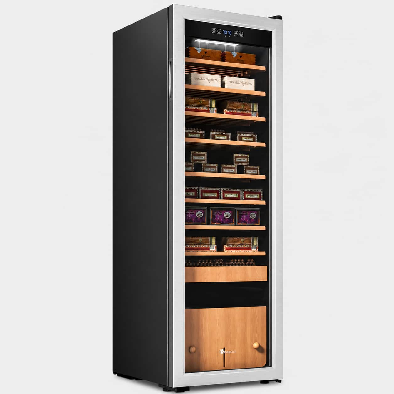 KingChii - 130L Cigar Humidor with Temperature and Humidity Control, Spanish Cedar Shelves and Drawer Hygrometer(1100 Capacity) - Silver