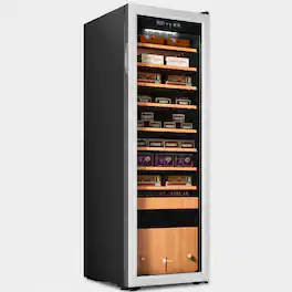 KingChii - 130L Cigar Humidor with Temperature and Humidity Control, Spanish Cedar Shelves and Drawer Hygrometer(1100 Capacity) - Silver