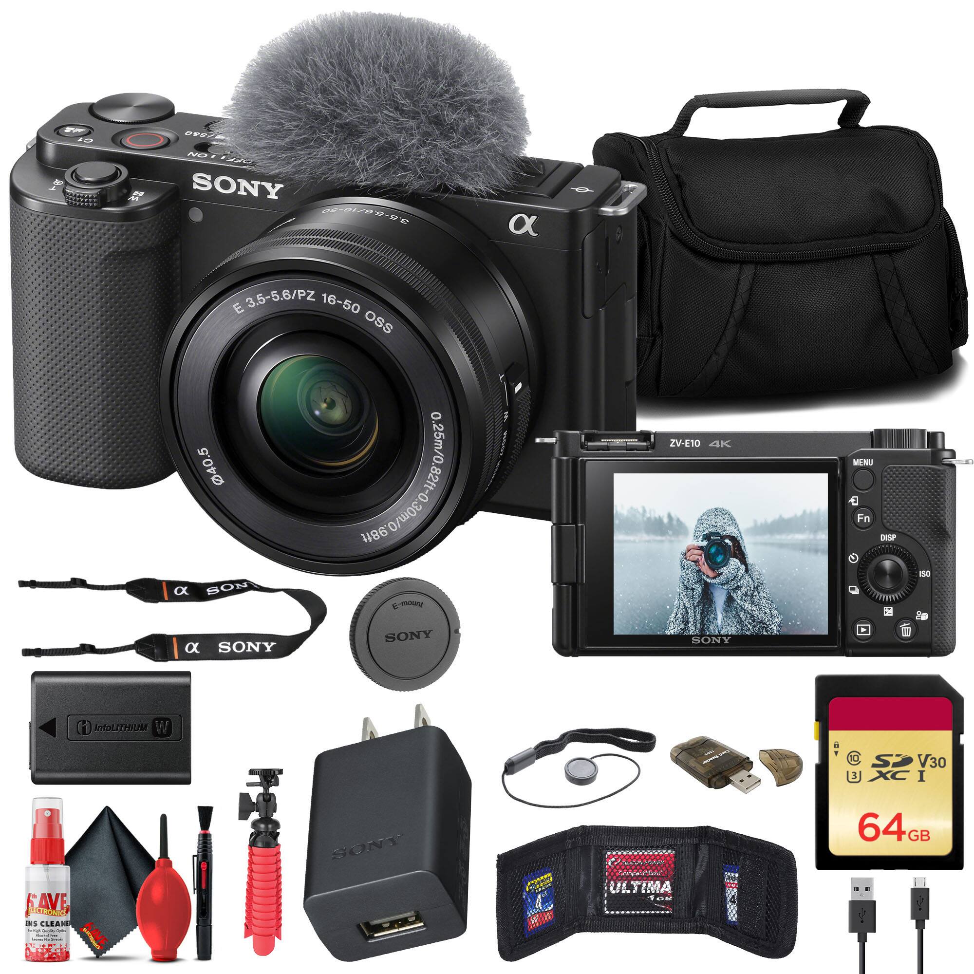 Sony - ZV-E10 Mirrorless Camera w/ 16-50mm Lens + 64GB Card + Flex Tripod (International Version) - Black