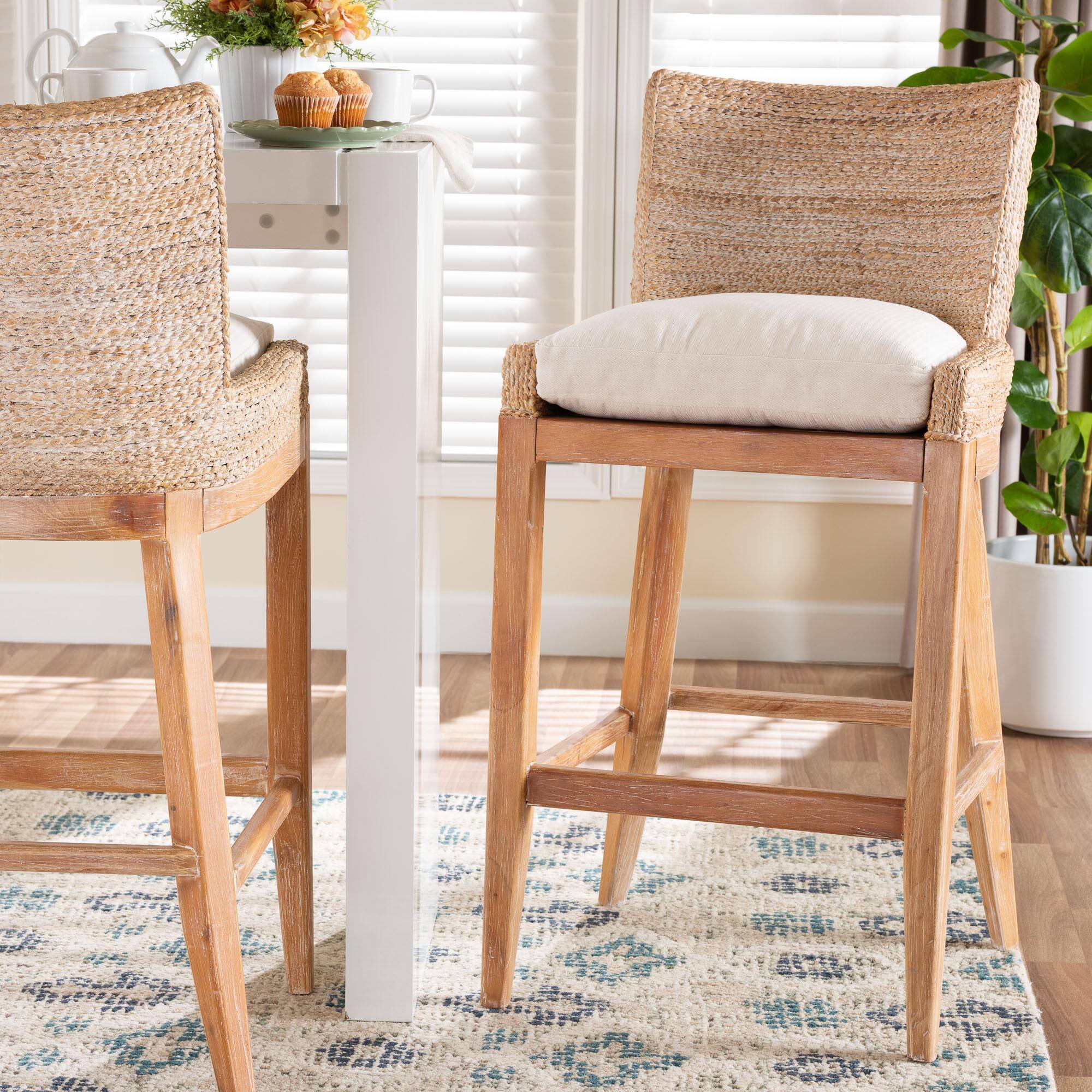 Alt View 4. bali & pari - Ridley Seagrass Bar Stool with Mahogany Wood Frame - Seating with Woven Square Back and Cushioned Seat - White Wash.